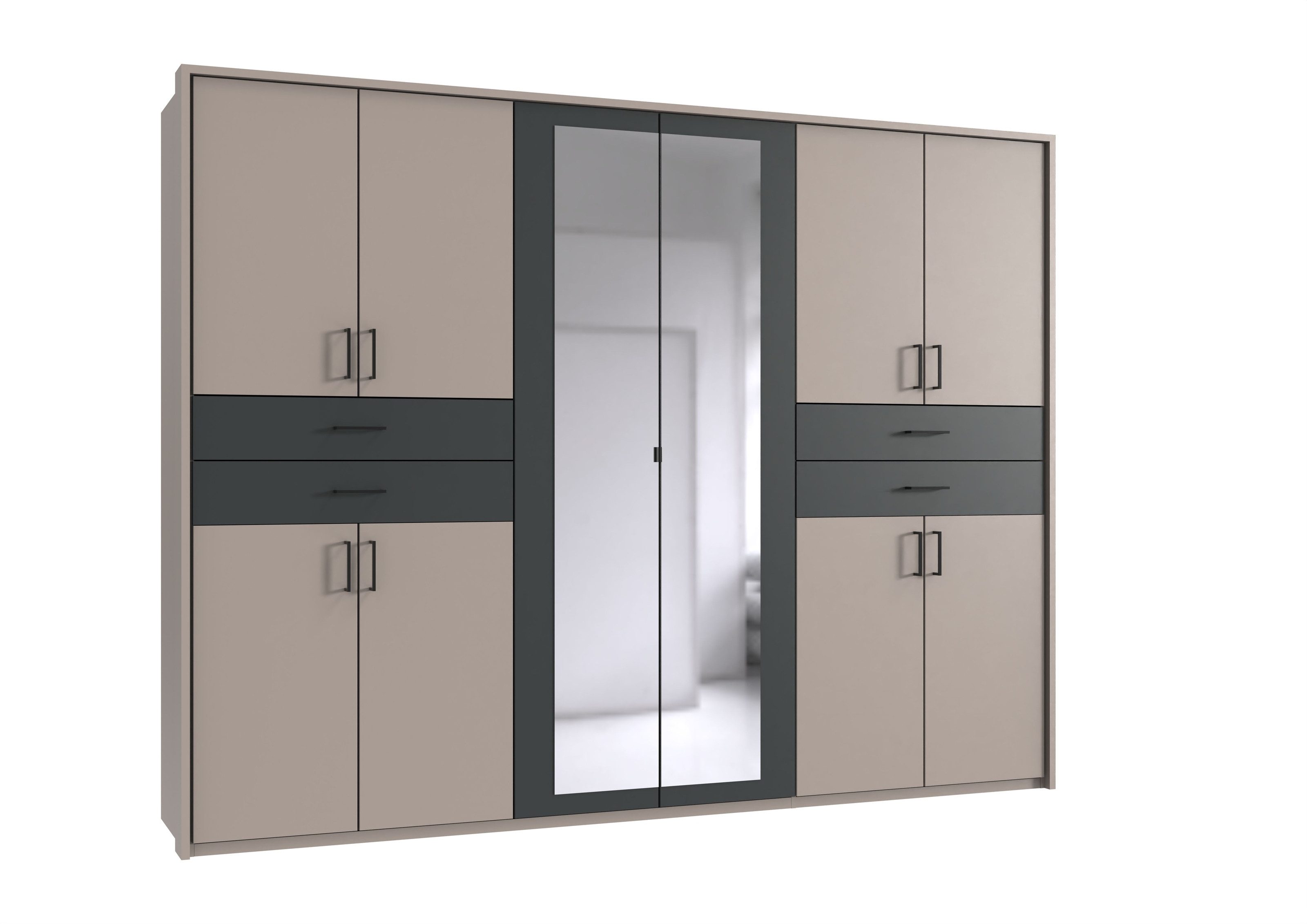 freiraum Drehtürenschrank Taiga 4 Schübe, 10 Türen, Spiegel, Saharagrau / Graphit - 270x208x58cm BxHxT