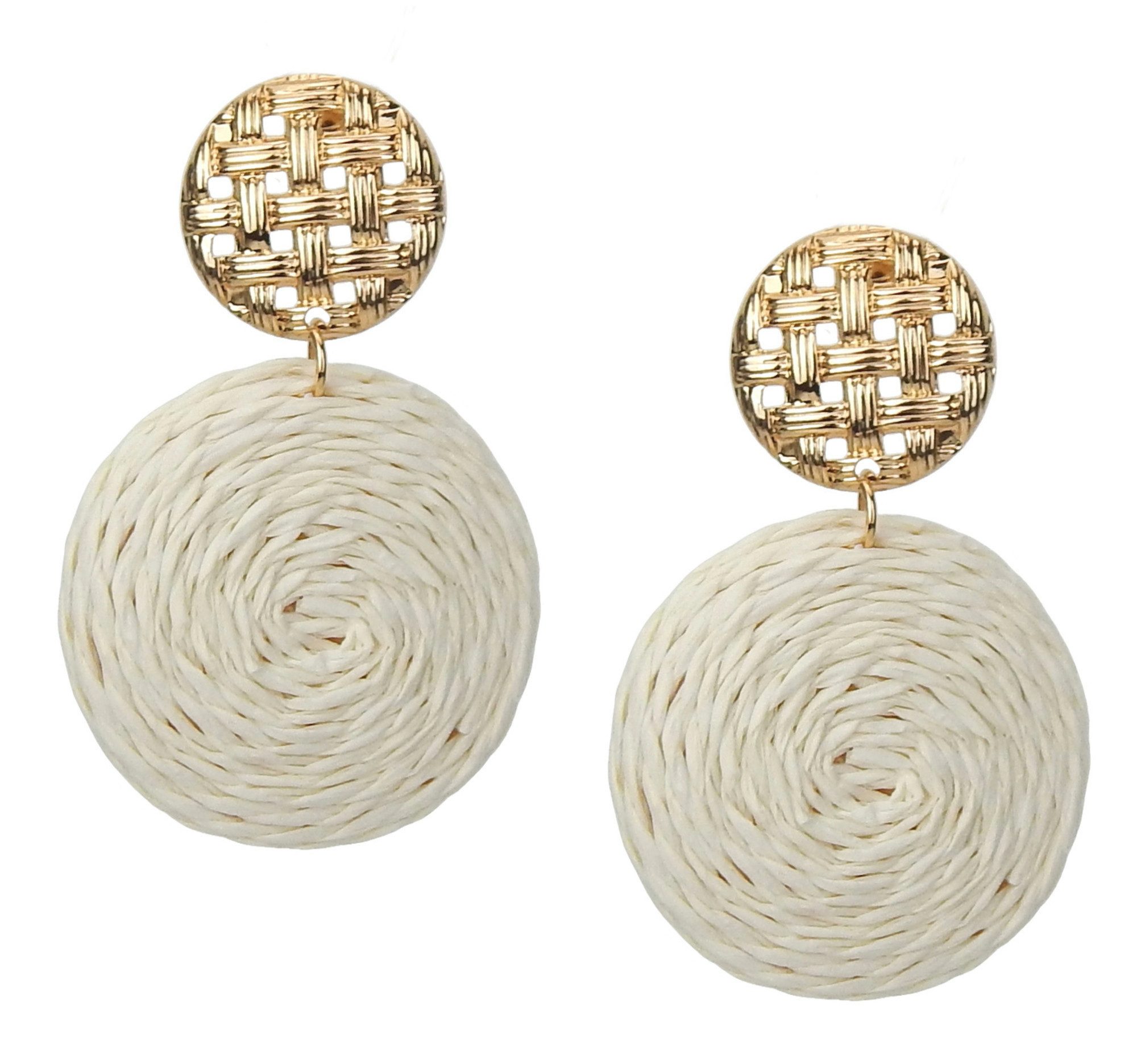 Ella Jonte Paar Ohrstecker, Bast Statement im Boho Ibiza-Look rund mit goldfarbenem Stecker