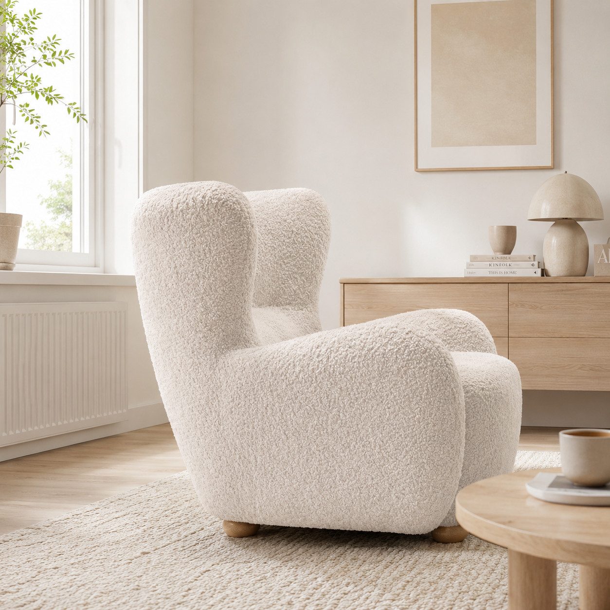 Goldstoff Sessel HUGSY Relaxsessel Boucle mit hoher Rückenlehne – Skandi & Boho Stil (Einzelsessel, Loungesessel), mit Relaxfunktion – Bild 3 von 5