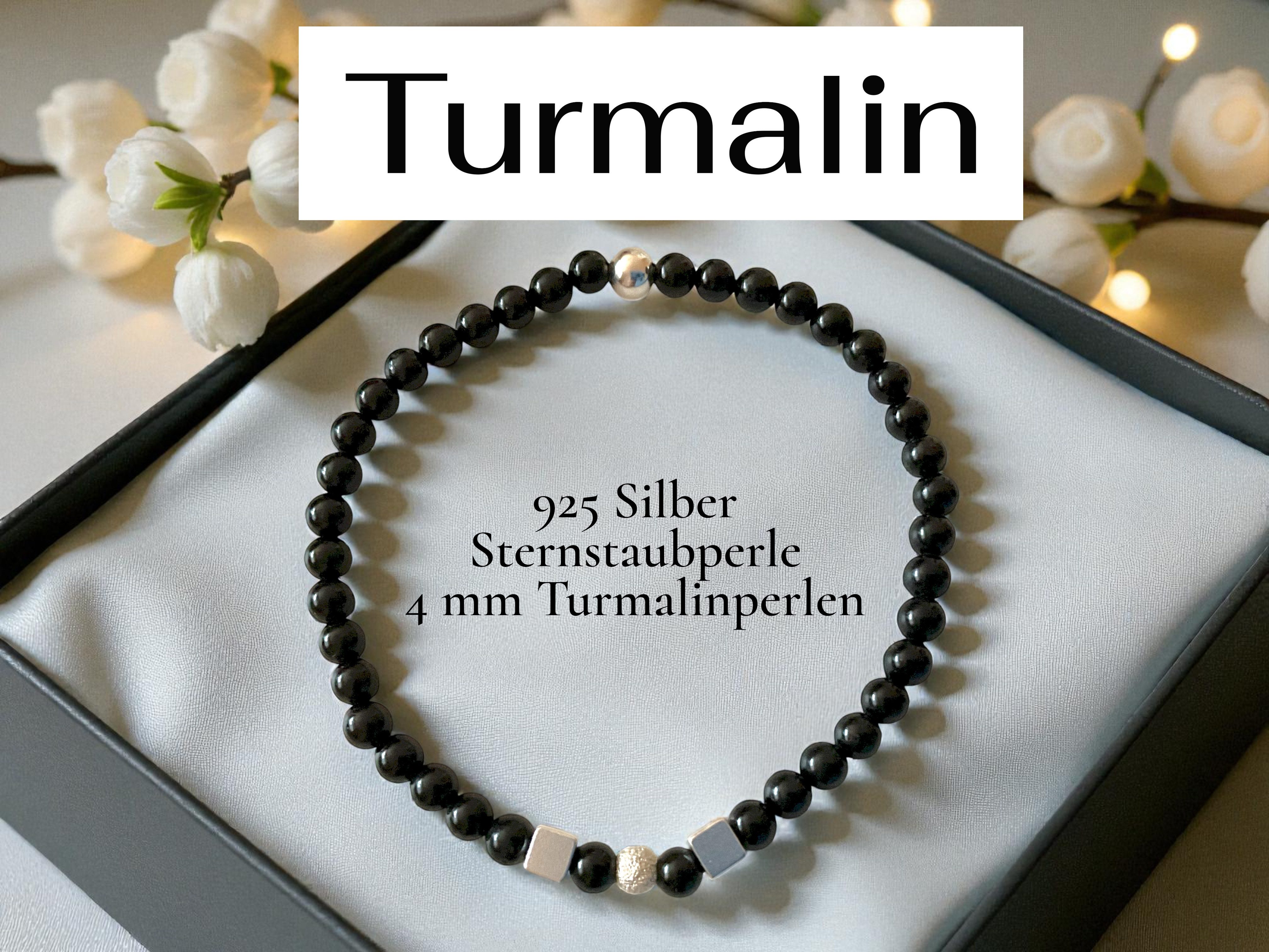 Steinfixx® Perlenarmband schwarzer Turmalin mit 925 Silber, handgefertigt in Deutschland (Lieferung in edler Geschenkbox, AAA-Qualität aus Brasilien), wahlweise 4mm und 6mm incl. Flyer