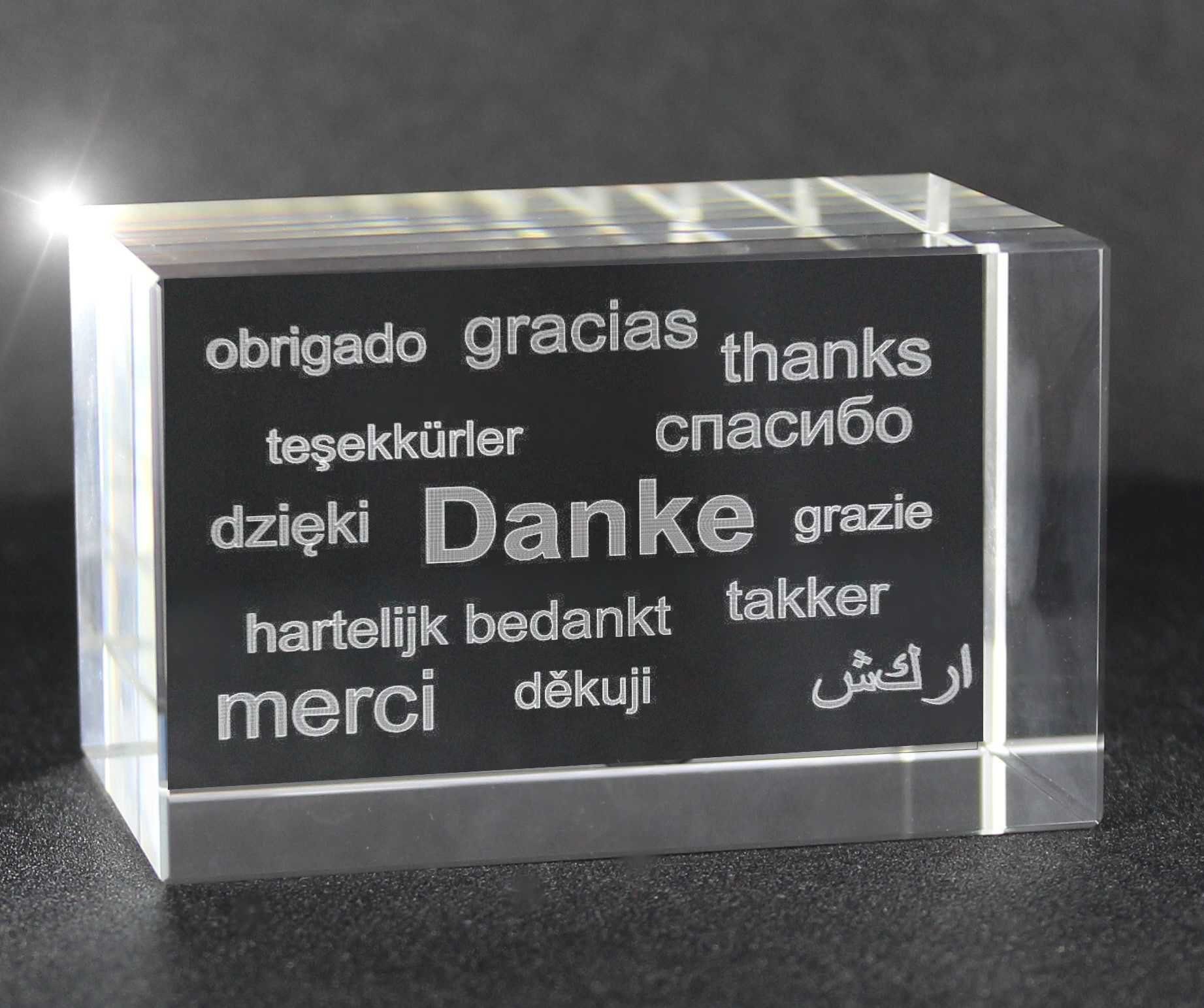 VIP-LASER Dekofigur VIP-LASER 3D Glas Kristall Quader XL mit Text Danke n verschiedenen Sp, Hochwertige Geschenkbox, Made in Germany, Familienbetrieb
