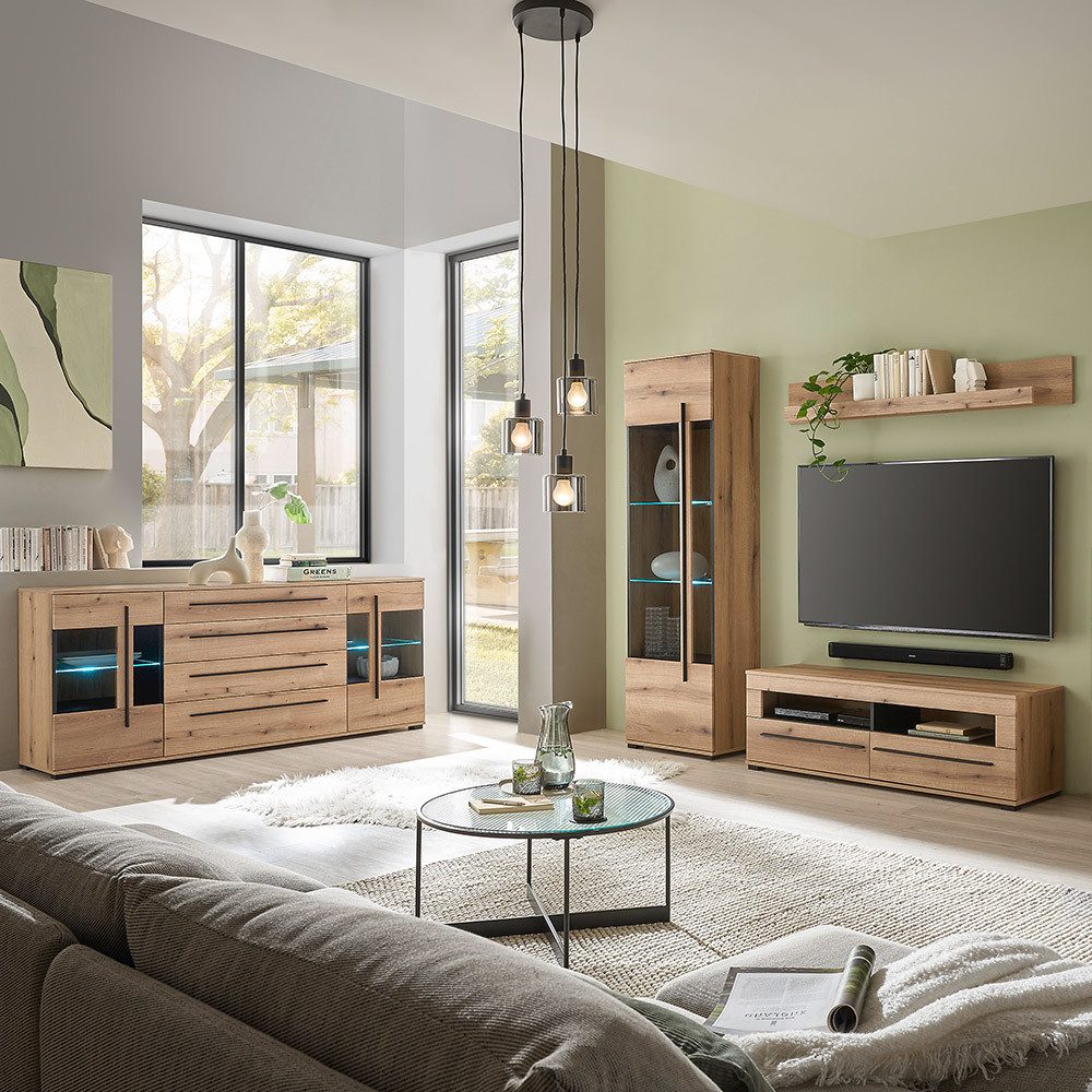 Lomadox Wohnzimmer-Set COLORADO-61, (Mega-Spar-Set, 4-St., Vitrine Sideboard Lowboard Wandregal), in Eiche mit LED Glasbodenbeleuchtung und Softclose Schubladen