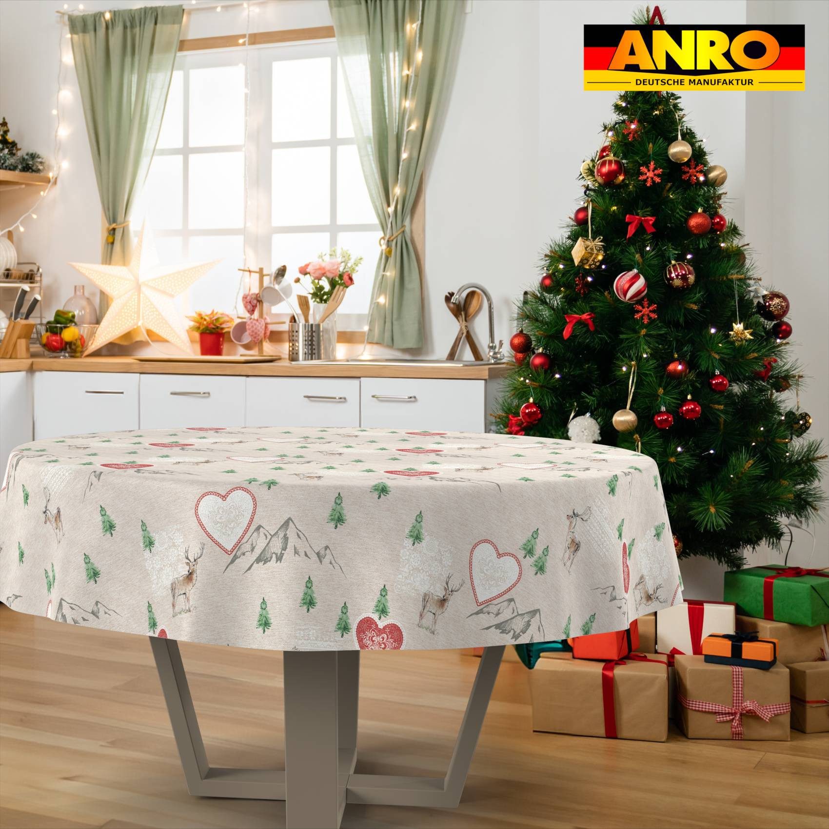 ANRO Tischdecke pflegeleicht Weihnachten Tischtuch Christmas Renntier Herz Tischwäsche (Einzelstück 1-tlg), Schutz-Beschichtung wasserabweisend Rund 100cm