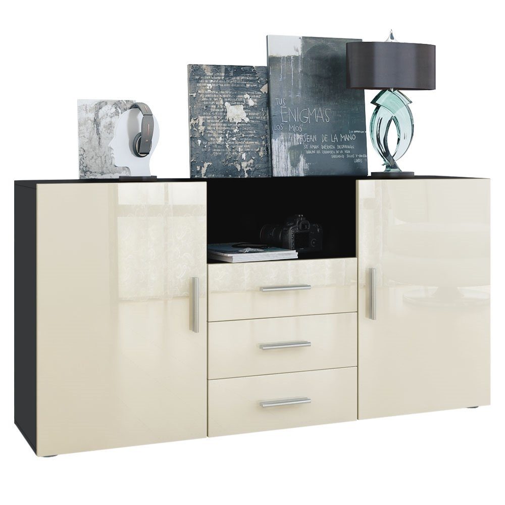 Vladon Sideboard Skadu (Kommode, mit 2 Türen, 3 Schubladen und 1 offenem Fach), Schwarz matt/Creme Hochglanz (138,5 x 71,5 x 35 cm)