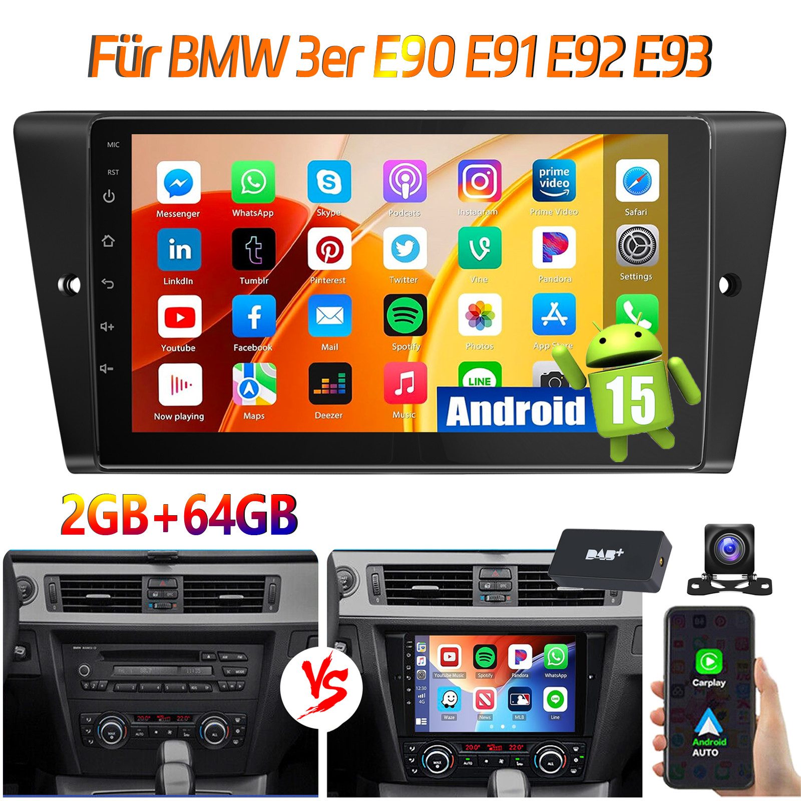 ESSGOO DAB+ Für BMW 3er E90 E91 E92 E93 9'' Carplay Android15 GPS WIFI BT Autoradio (RDS, 4+64GB(optional), DAB (optional), FM, AM, DAB+ (optional), Carplay Android Auto Bluetooth EQ USB GPS Navi WIFI Touchscreen)