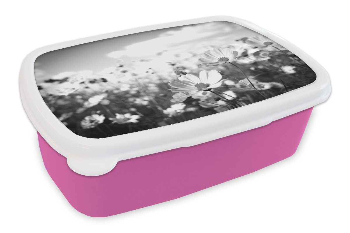 MuchoWow Lunchbox Blumen - Wiese - Lila - Gras - Weiß - Wolken - Blau, Kunststoff, (2-tlg), Brotbox für Erwachsene, Brotdose Kinder, Snackbox, Mädchen, Kunststoff rosa