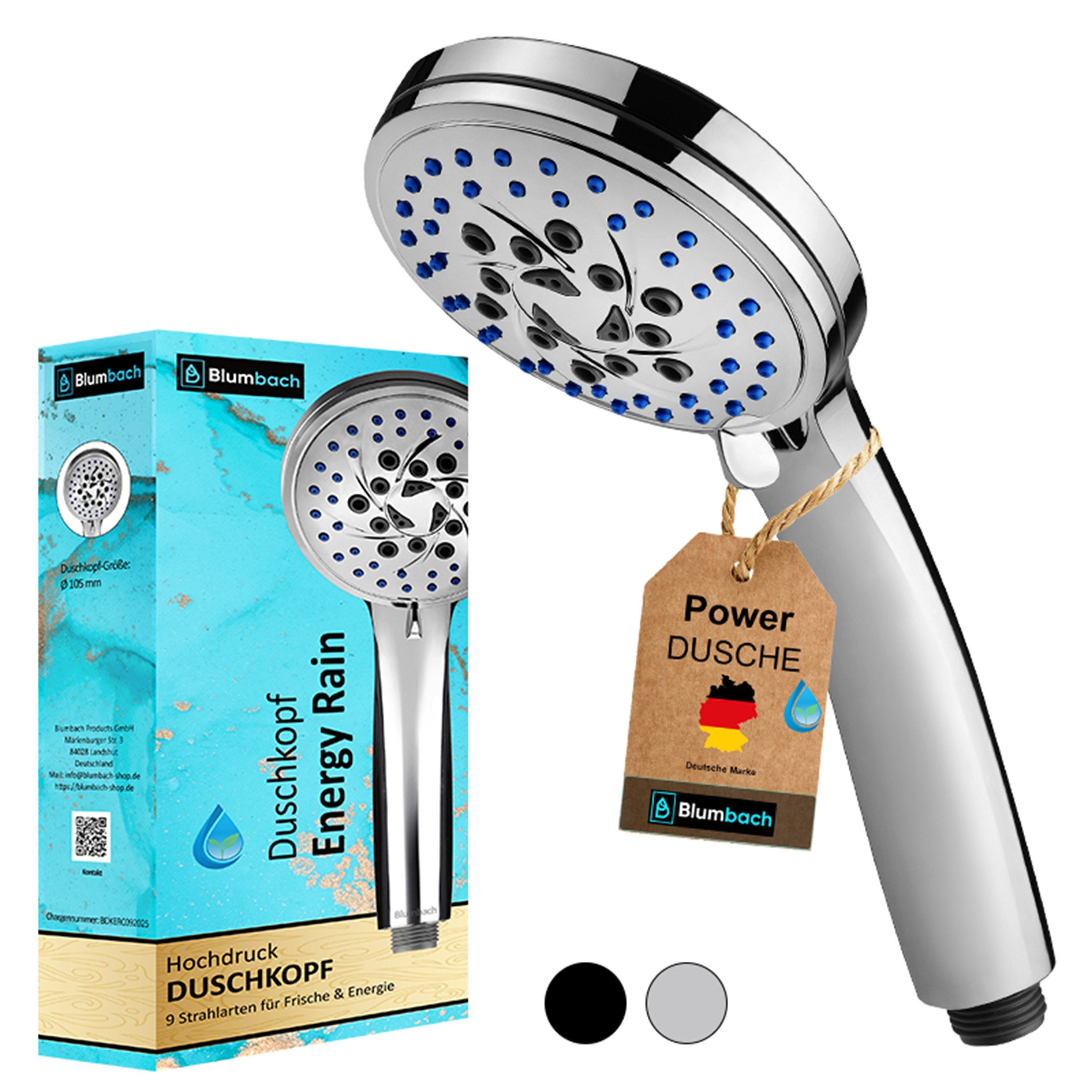 Blumbach Handbrause - Duschkopf Energy Rain, (Hochdruck Duschkopf wassersparend + druckerhöhend), mit 9 außergewöhnlichen Strahlarten