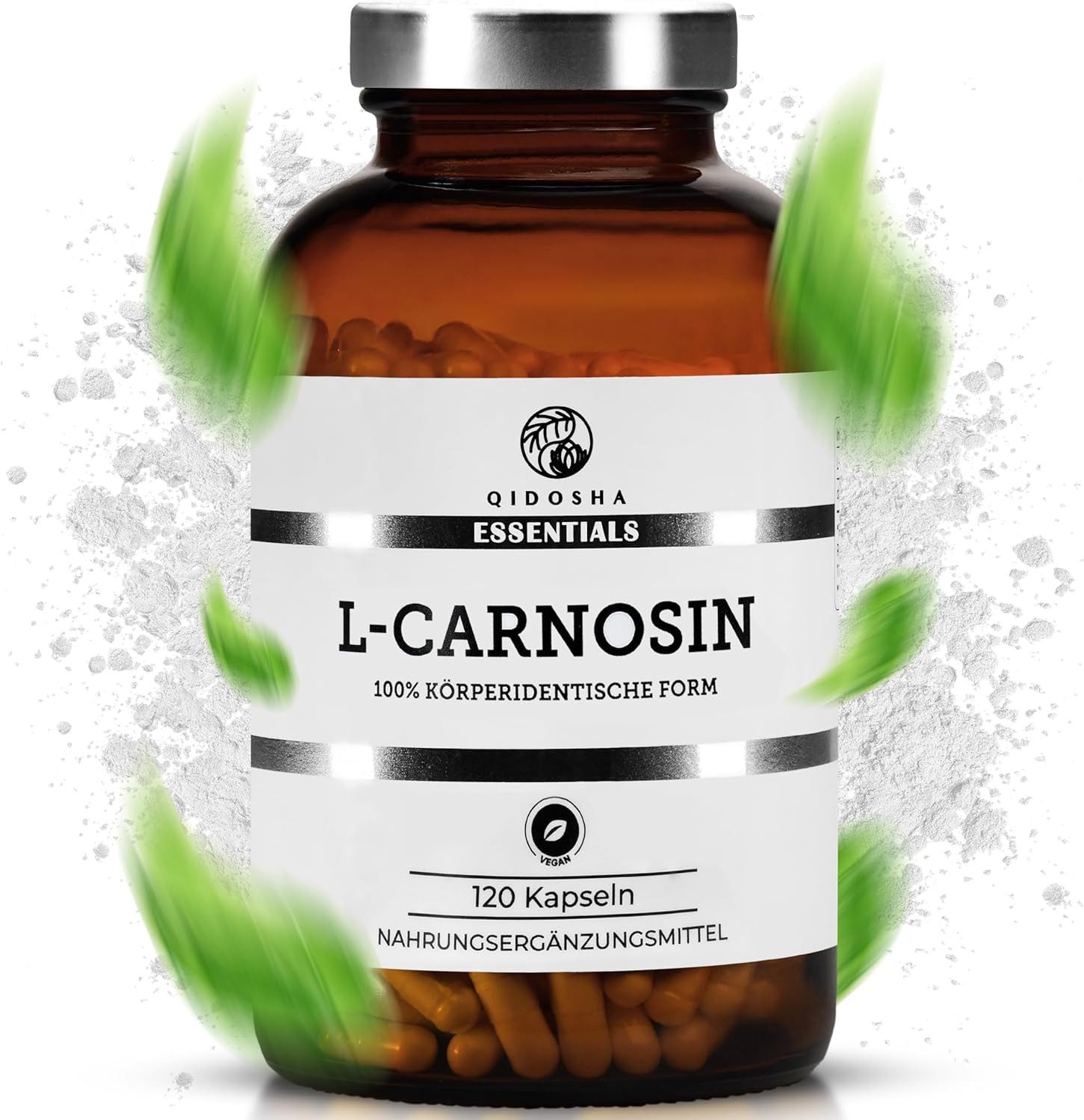 QIDOSHA L-Carnosin Kapseln, hochdosiert, 120 Kapseln im Apothekerglas, 500mg/Kapsel, vegan, laborgeprueft, deutsche Fertigung à 120 St., 74.4 g