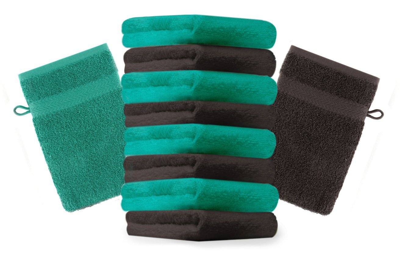 Betz Waschhandschuh 10 Stück Waschhandschuhe Premium 100% Baumwolle Waschlappen Set 16x21 cm Farbe smaragdgrün und Dunkelbraun