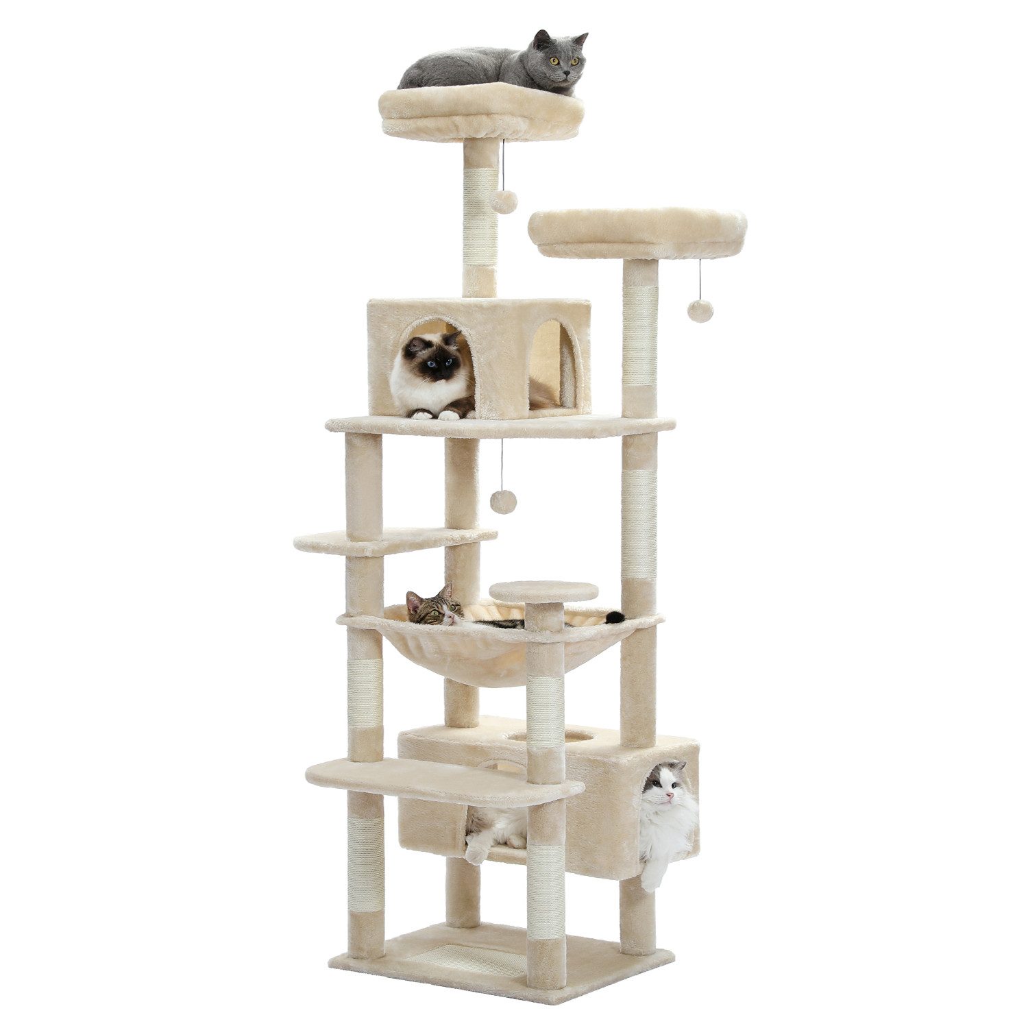 PETEPELA Kratzbaum Großer Kratzbaum, 184 cm großer Katzenturm für große Katzen, Sisal-bezogenen Polstern, 2 Sitzstangen, Doppelhaus und Korb