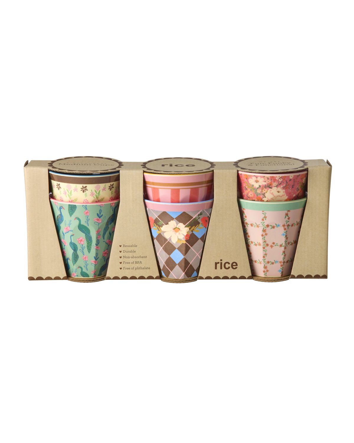 rice Kinderbecher Rice Melamin 6er-SET Becher - Pfau & Blumen Print 160ml, Melamin