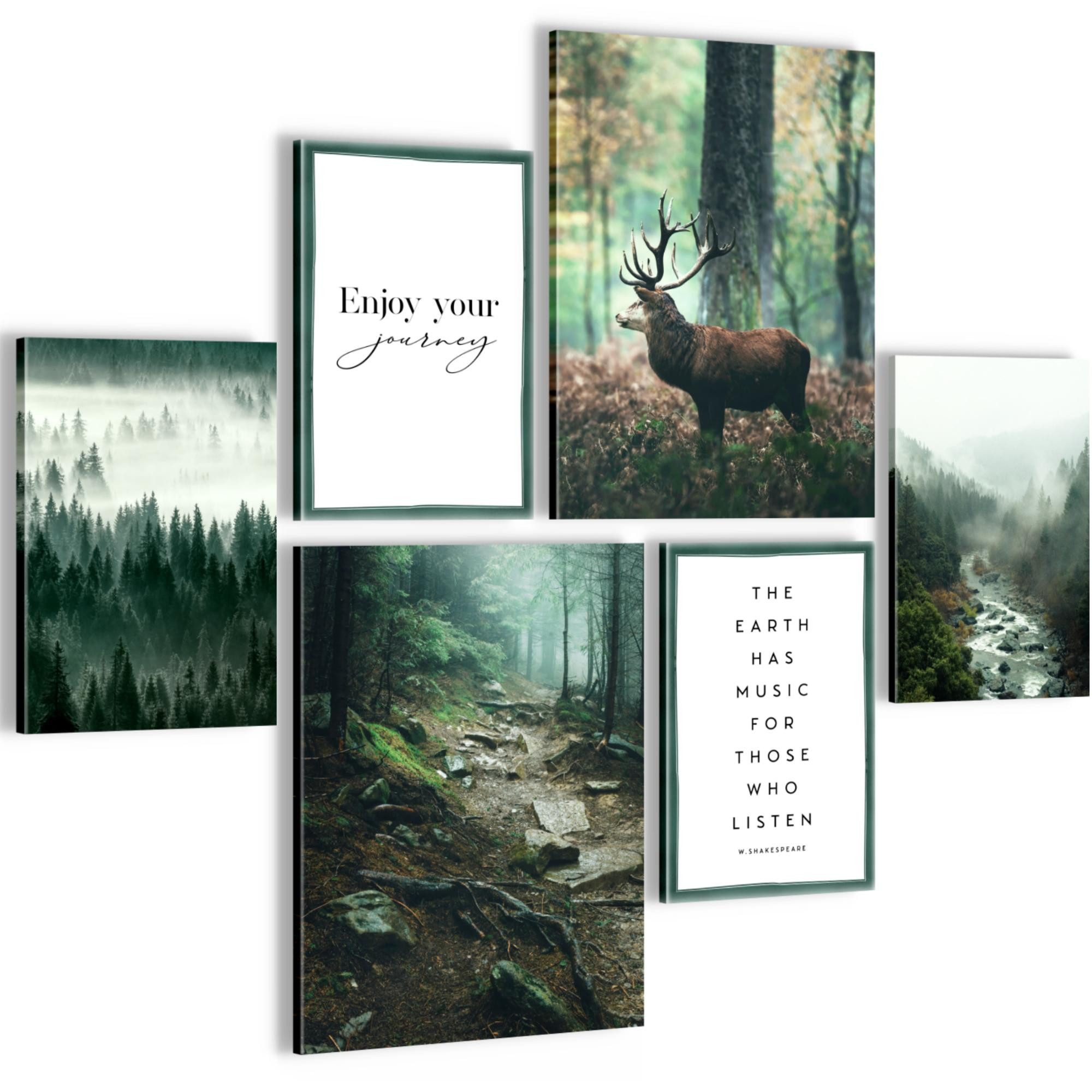 Novart Wandbild Wald Hirsch KOMPLETT AUFHÄNGFERTIG Natur Grün Wohnzimmer Schlafzimmer, Wald Hirsch