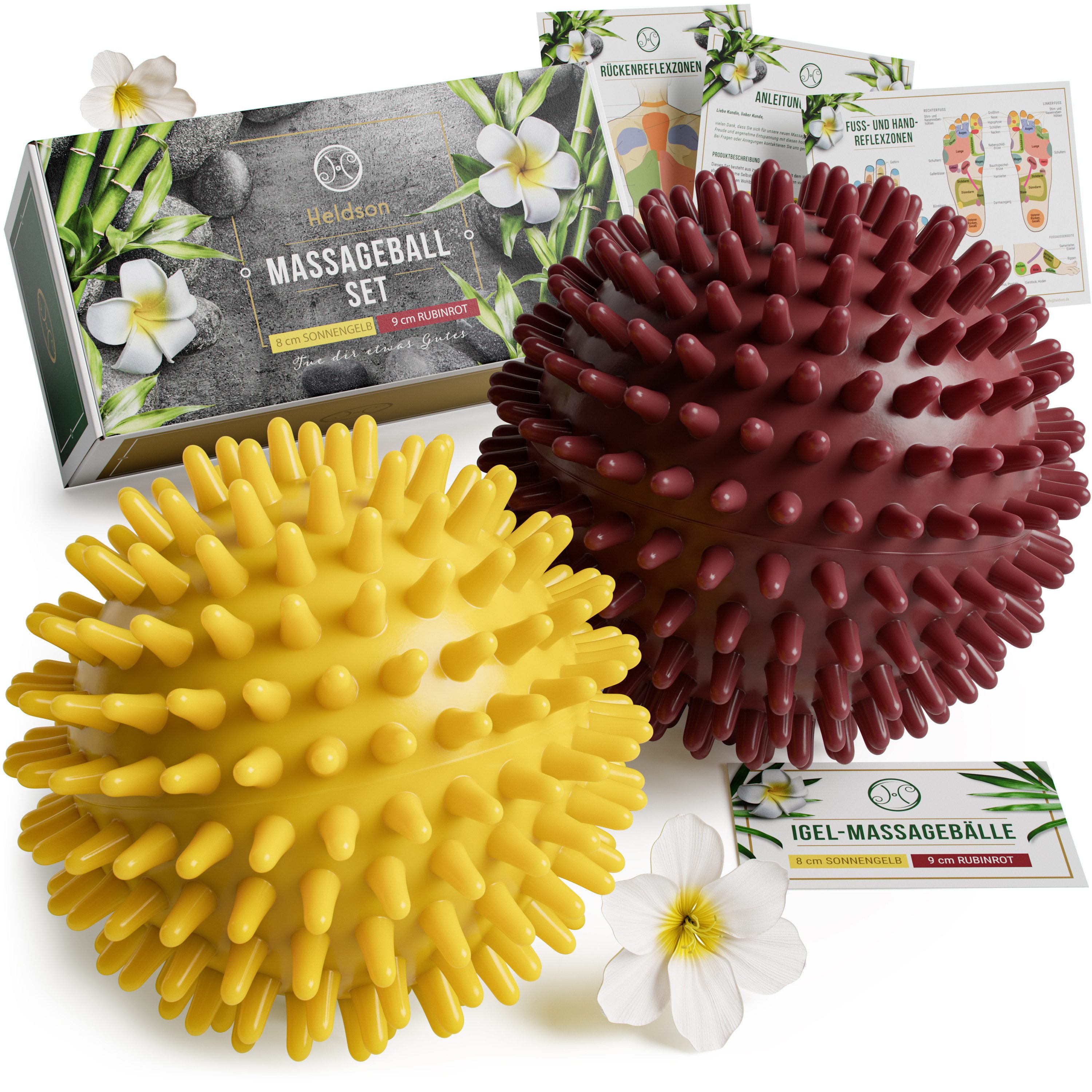 HELDSON Massageball HELDSON® Massageball-Set 8 & 9 cm Medium – Igelball, Massageball-Set, 2 Massagebälle (8 & 9 cm) Medium-Härte mit Reflexzonen-Karten, 2 Massagebälle (8 & 9 cm) Medium, Dermatest „Sehr gut“ geprüft