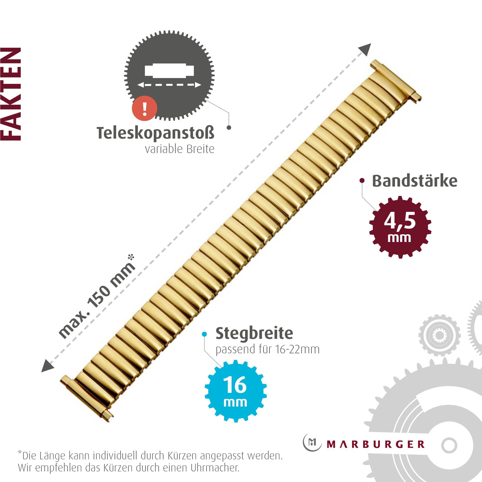 MARBURGER Uhrenarmband 16, 17, 18, 19, 20, 21, 22mm Edelstahl Gold Zugband