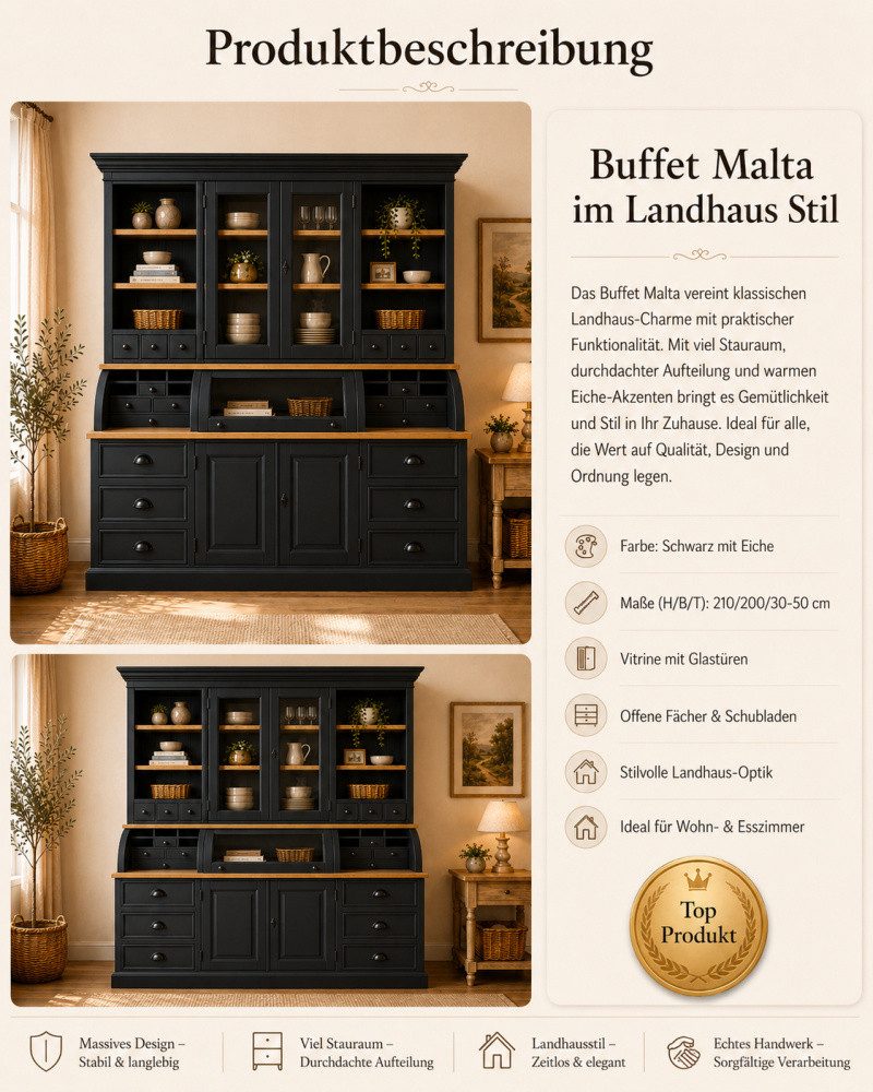 Wohnpalast Buffet Landhaus Buffet Schrank Malta Ladenschrank schwarz mit Eiche 200 cm