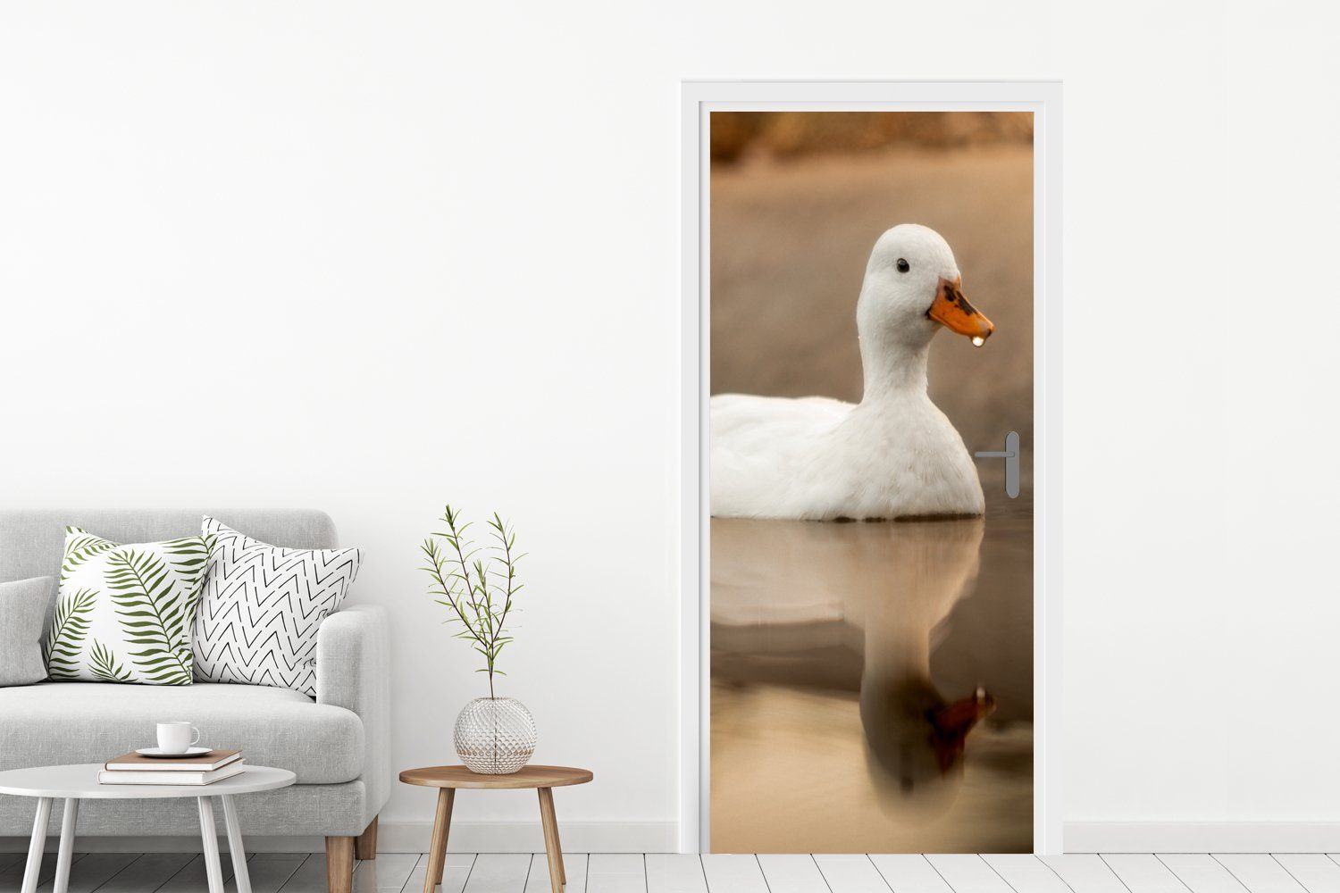 bedruckt, Türtapete Vogel - - Tür, Türaufkleber, - Matt, 75x205 cm (1 St), Weiß, Ente Wasser MuchoWow für Fototapete