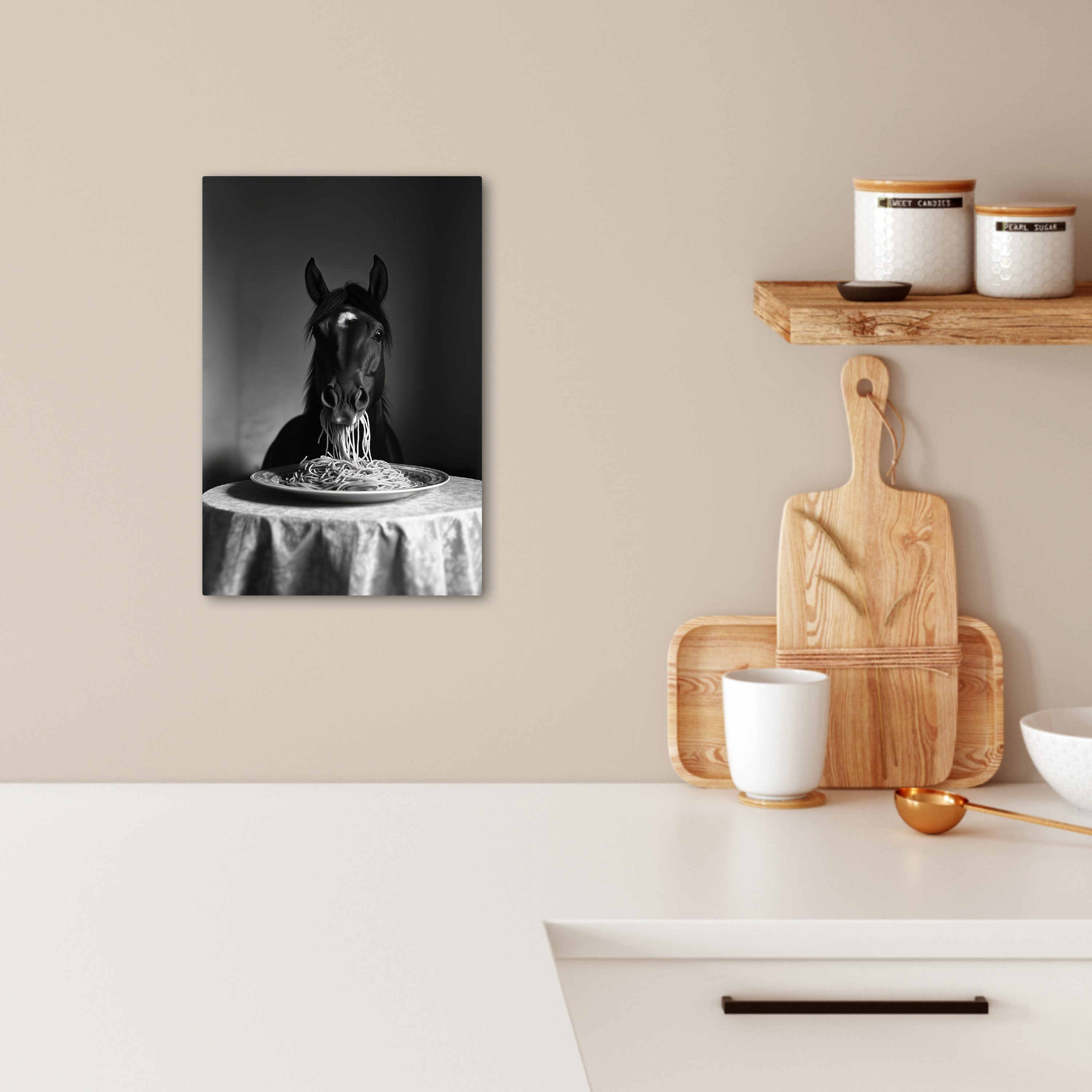 OneMillionCanvasses® Leinwandbild Pferd - Teller - Pasta - Tischtuch - Schw günstig online kaufen