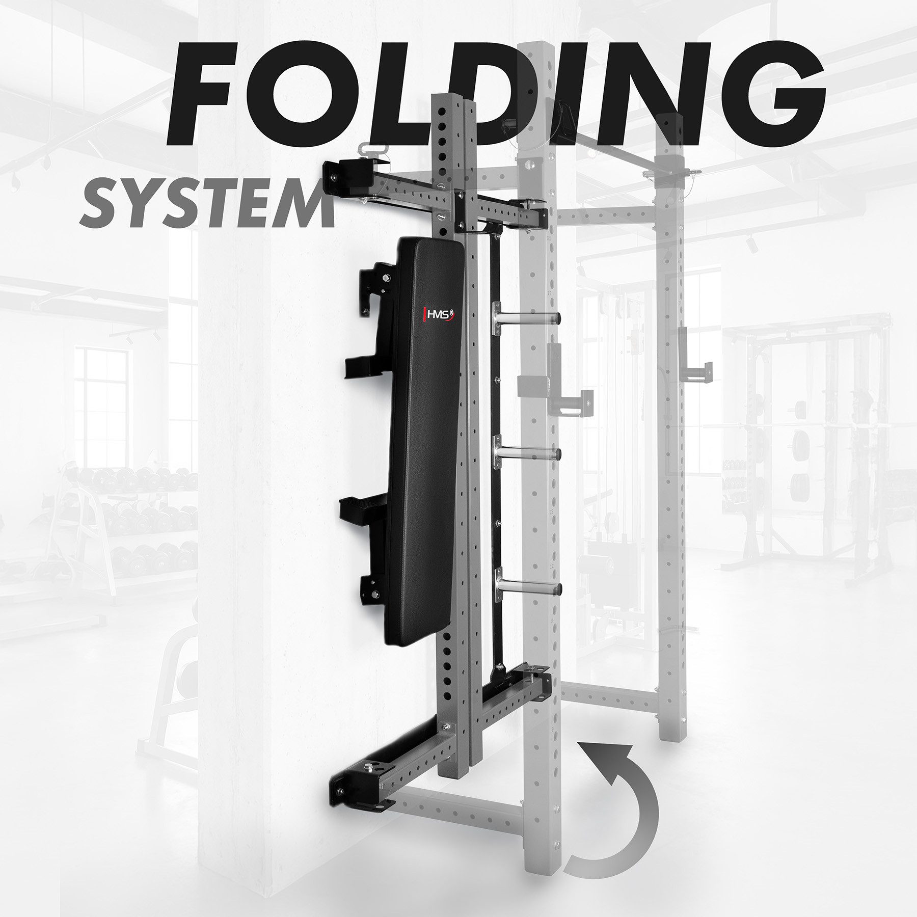 HMS Power Rack Wand-Kraftstation KLT34 klappbar, (Spar-Set, 1-tlg., 120 x 31 x 43 cm klappbar), klappbar, wandmontiert, mit Bank, Klimmzugstange