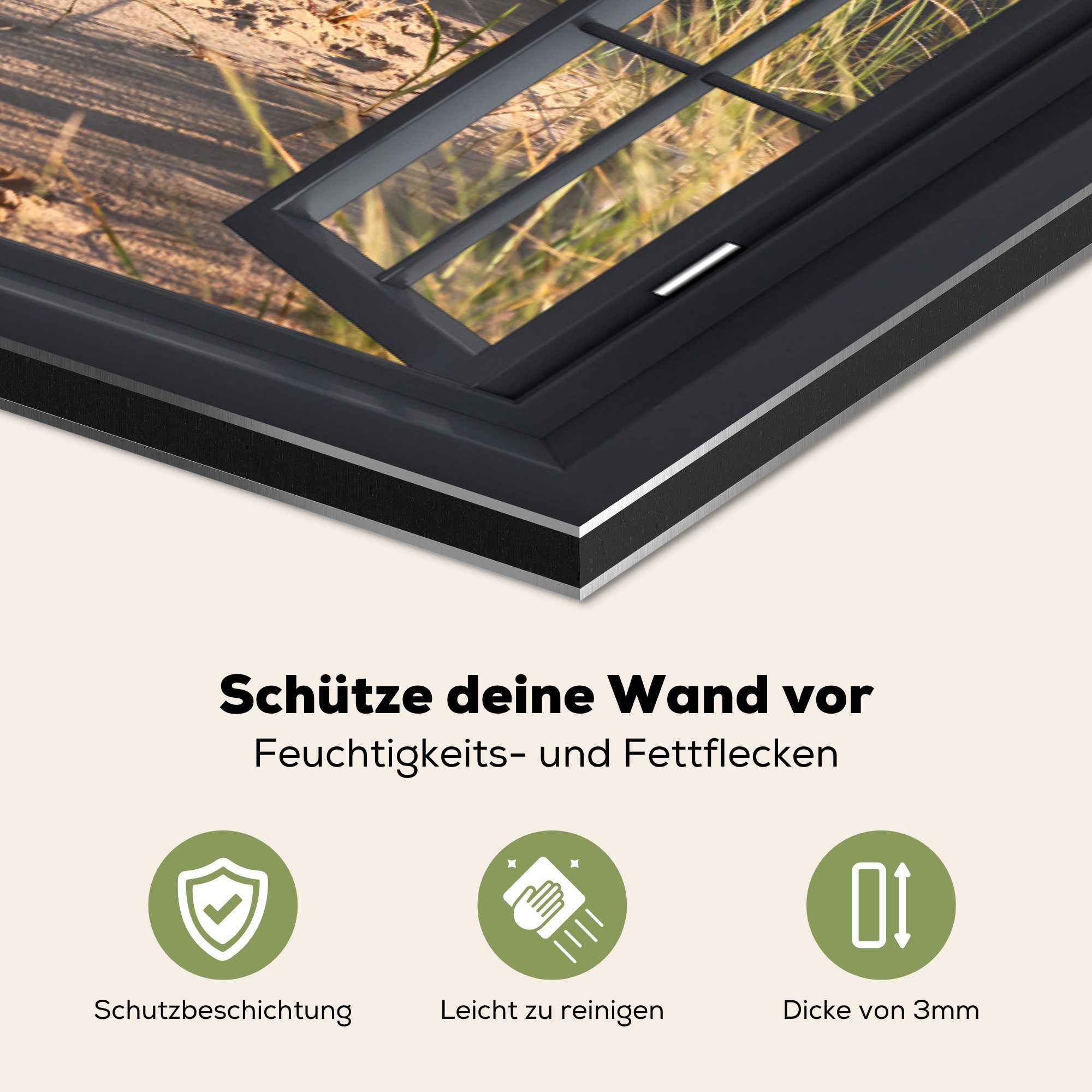 KitchenYeah Küchenrückwand Durchblick - Strand - Meer - Sand - Wasser - Strandhafer - Dünen, (1-tlg), Spritzschutz Küche, Küchendeko, 60x40 cm