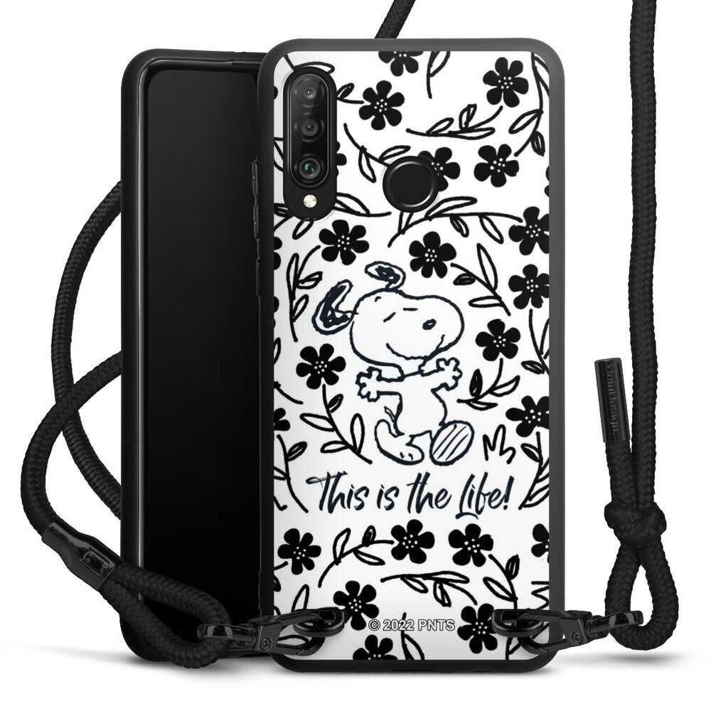 DeinDesign Handyhülle Peanuts Blumen Snoopy Snoopy Black and White This Is The Life, Huawei P30 Lite Premium Premium Handykette Hülle mit Band