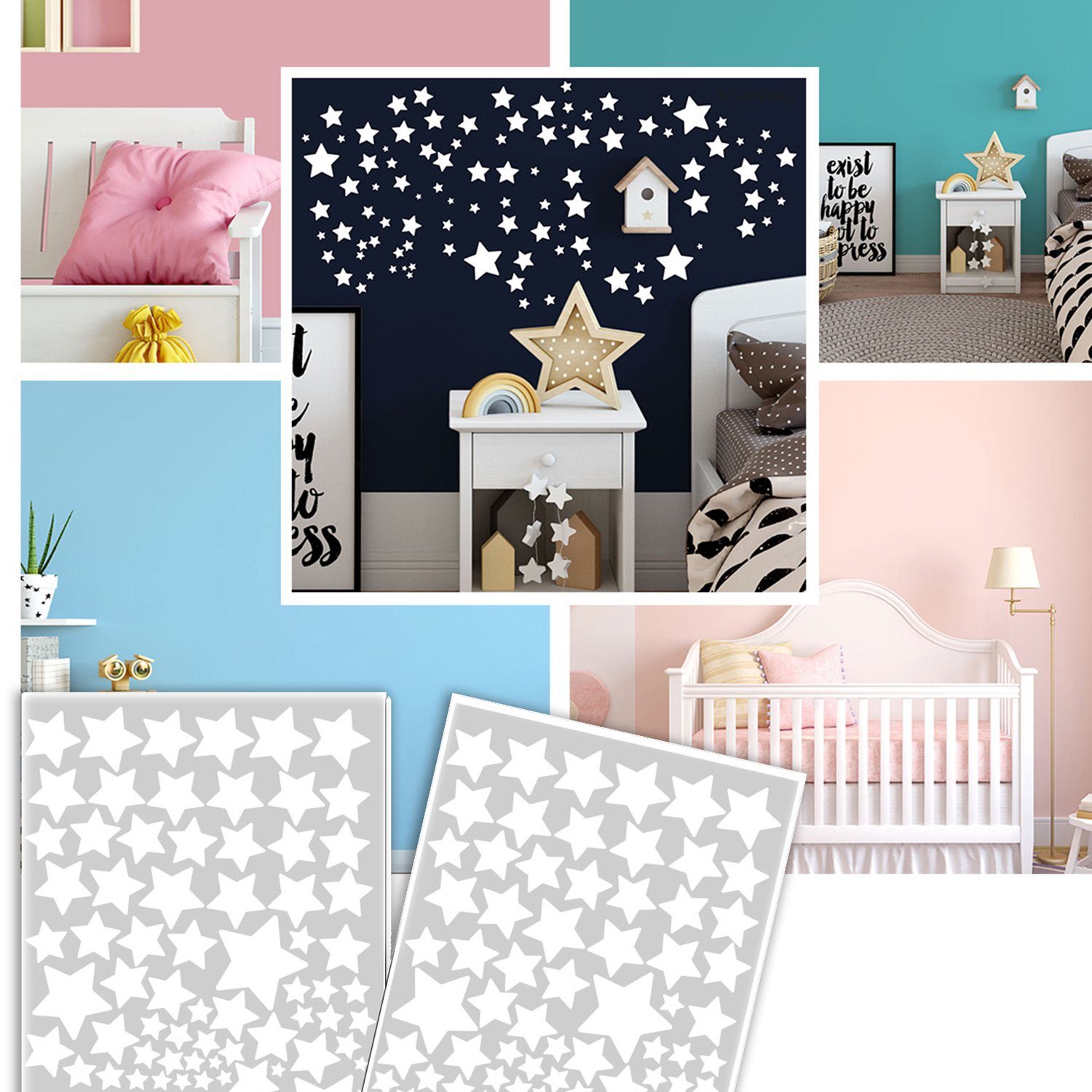 Sunnywall Wandtattoo Sterne Aufkleber Stars Wandsticker bunt, Sternenhimmel Wandtattoo, konturgeschnitten