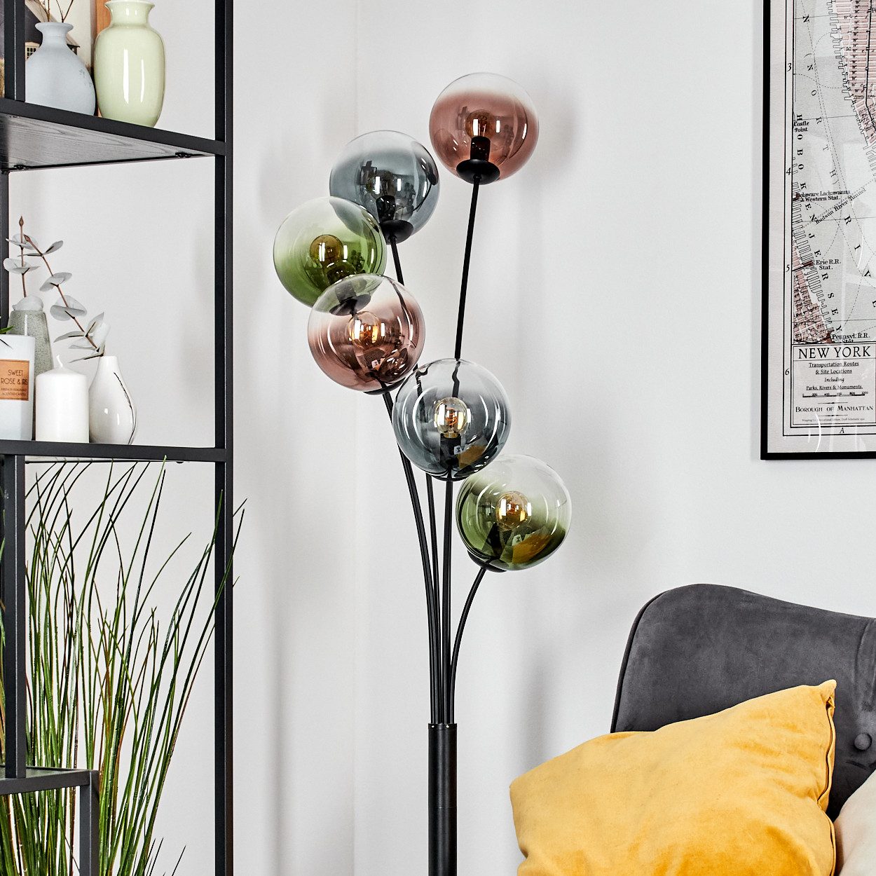 hofstein Stehlampe Stehlampe aus Metall/Glas in Schwarz/Blau/Grün/Kupfer/Klar, Stehleuchte im Retro-Design (Schirme 15cm), Fußschalter, 168cm, E14