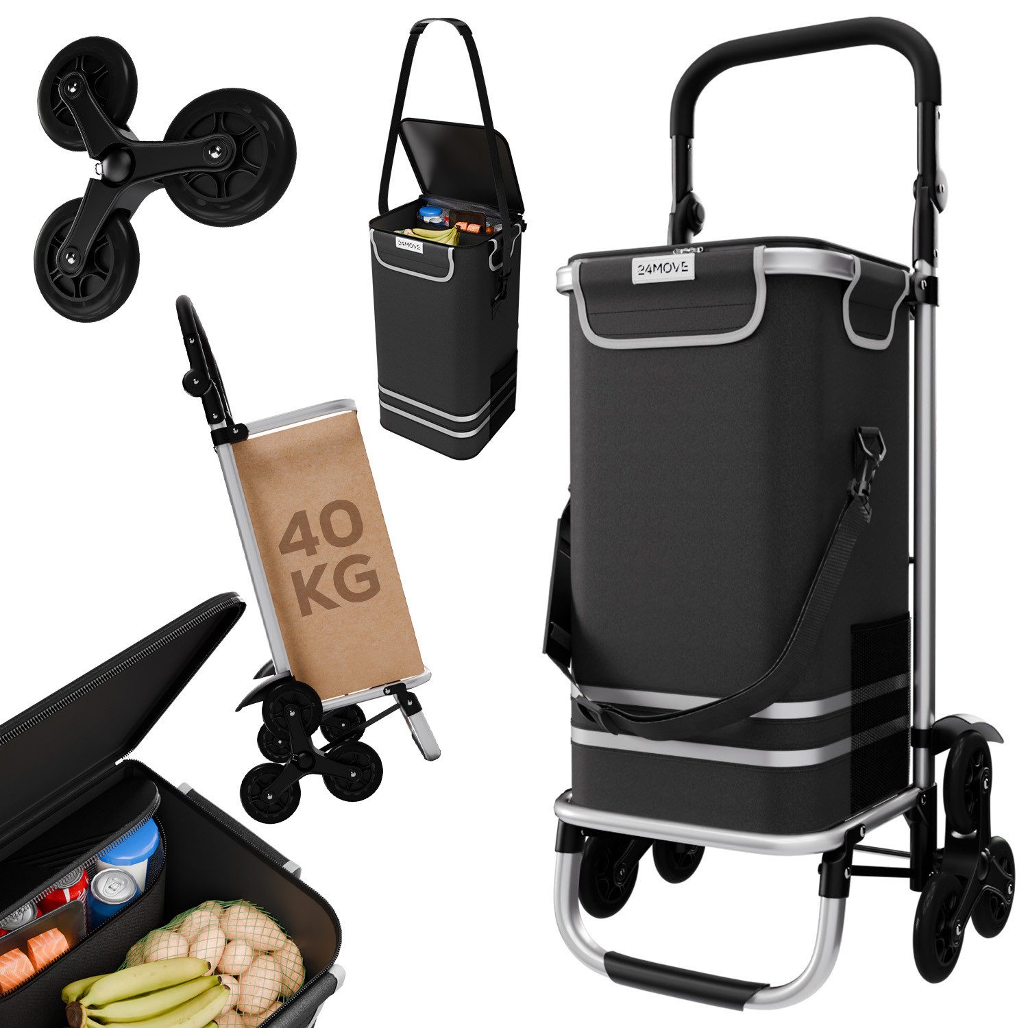 24Move Einkaufstrolley Einkaufstrolley mit 55L, 3in1 Sackkarre und Tasche, klappbar, Sternrad, Handwagen inkl. Kühlfach