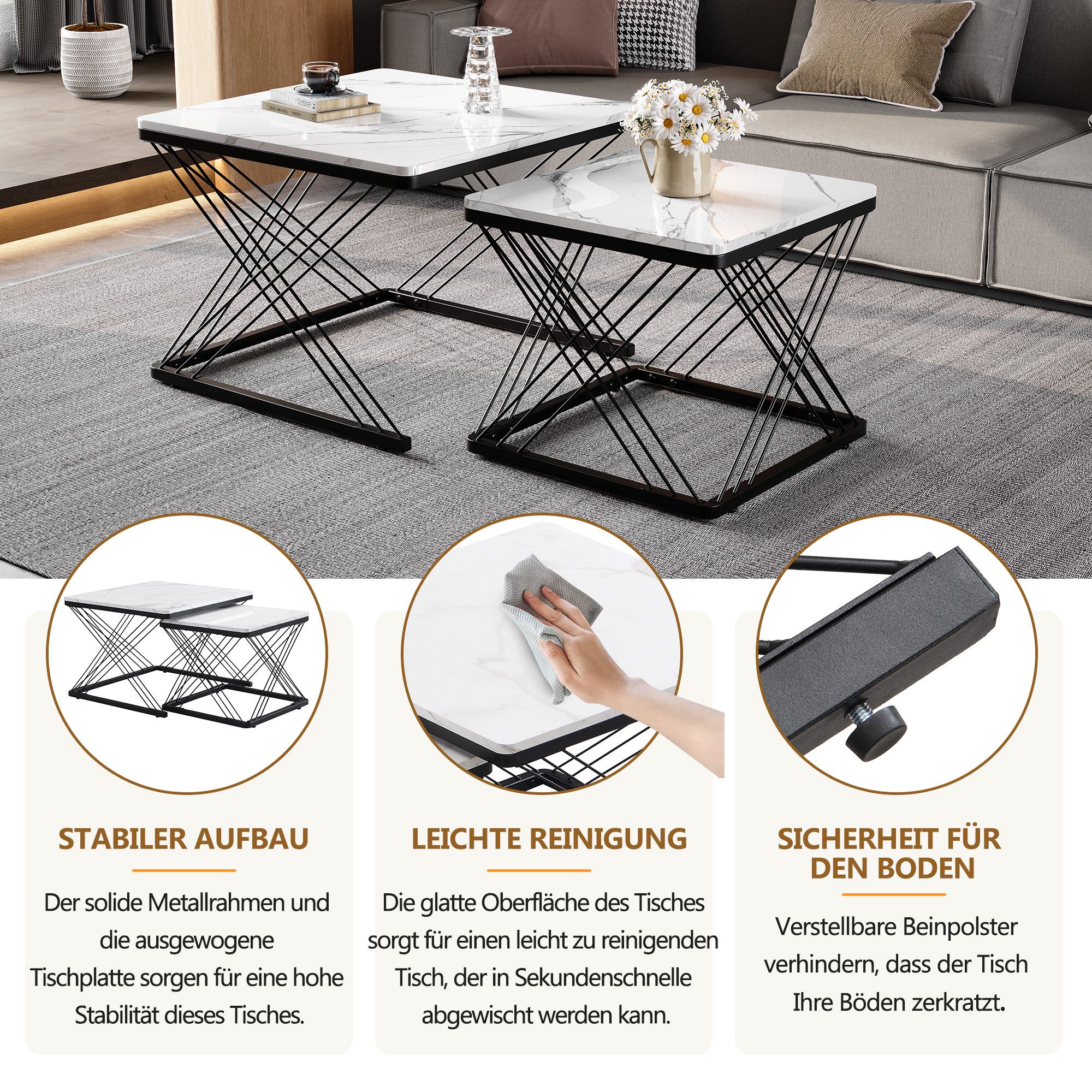 Merax Couchtisch, Set mit Stahlrahmen, Beistelltisch Hochglanz Marmoroptik, günstig online kaufen