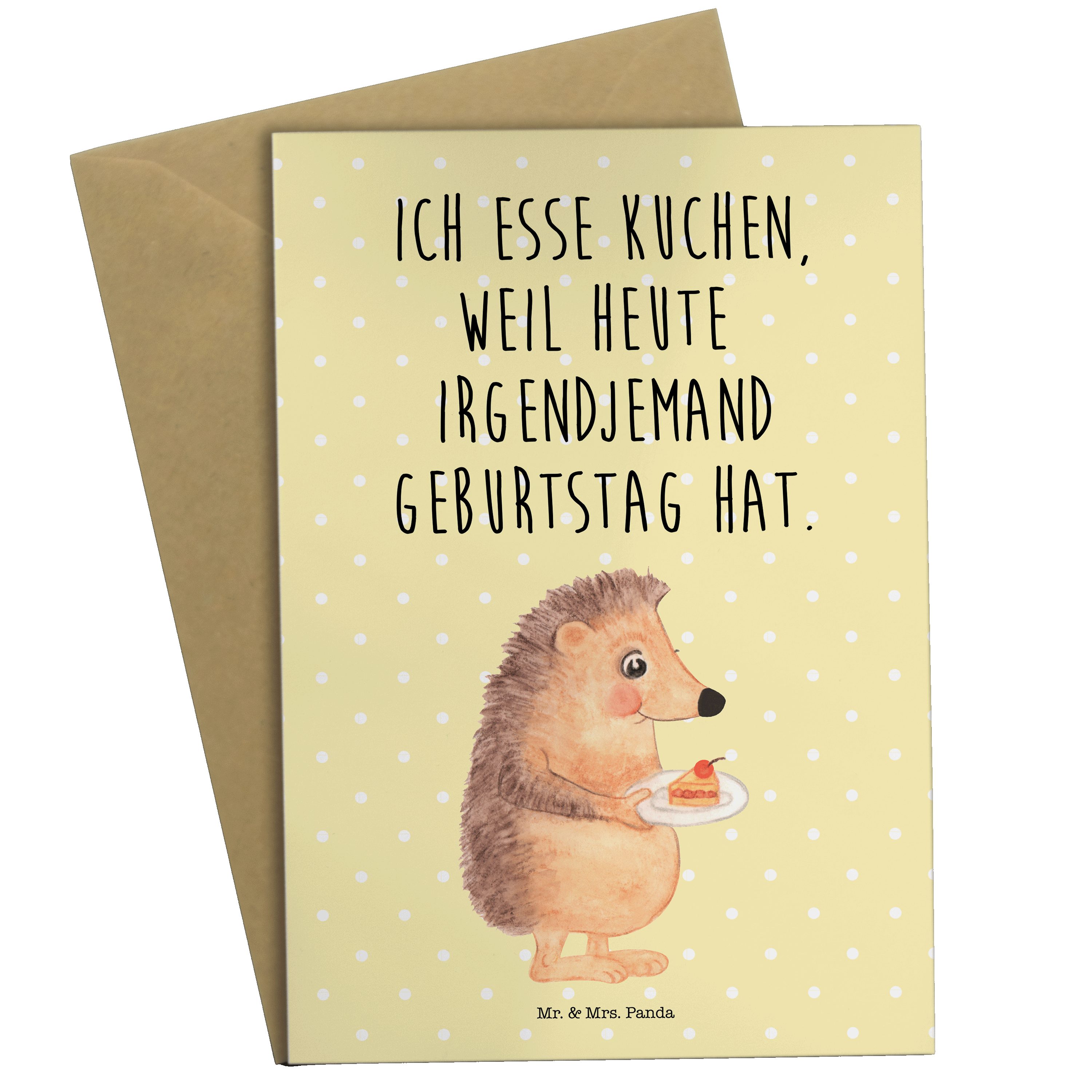 Mr. & Mrs. Panda Grußkarte Igel mit Kuchenstück - Gelb Pastell - Geschenk, Tiere, Tiermotive, Gl