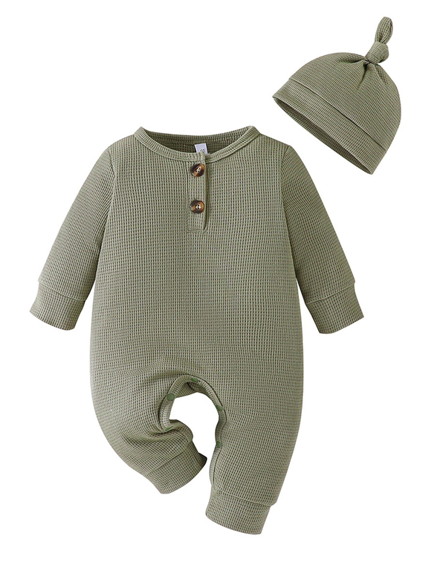 LAPA Strampler Baby Jungs Langarm Einfarbig Overall Waffel Strampler Mütze Outfits (Set, 2-tlg) Babykleidung mit Knopf- und Druckknopfverschluss