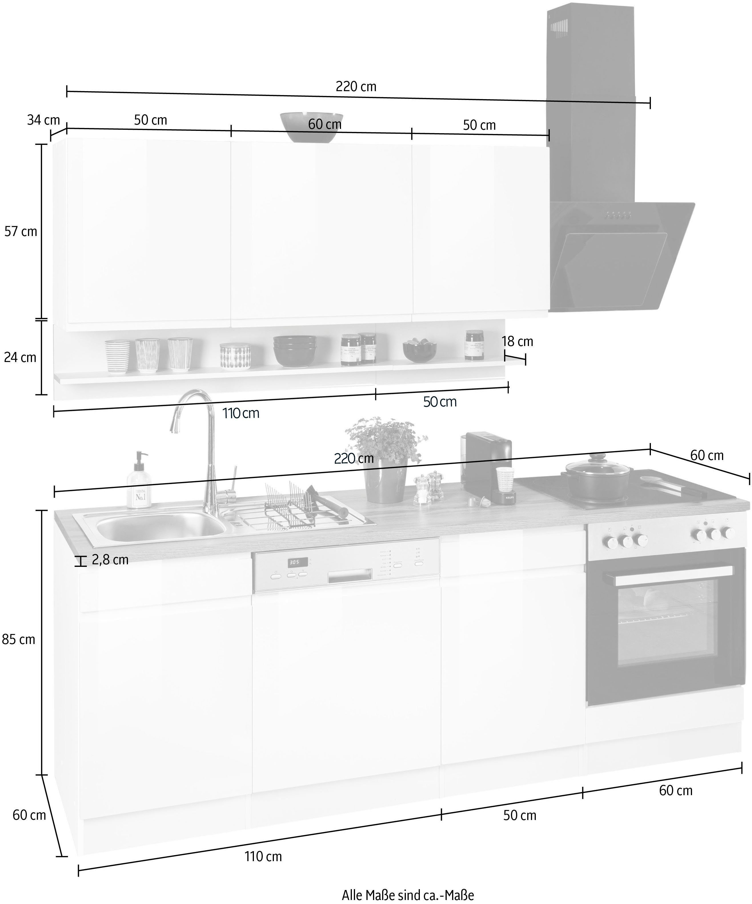 | 220 MÖBEL wahlweise Breite HELD Küche mit Hochglanz grau grau E-Geräte cm, Virginia, graphit ohne | oder sonoma hochglanz/grafit-eiche