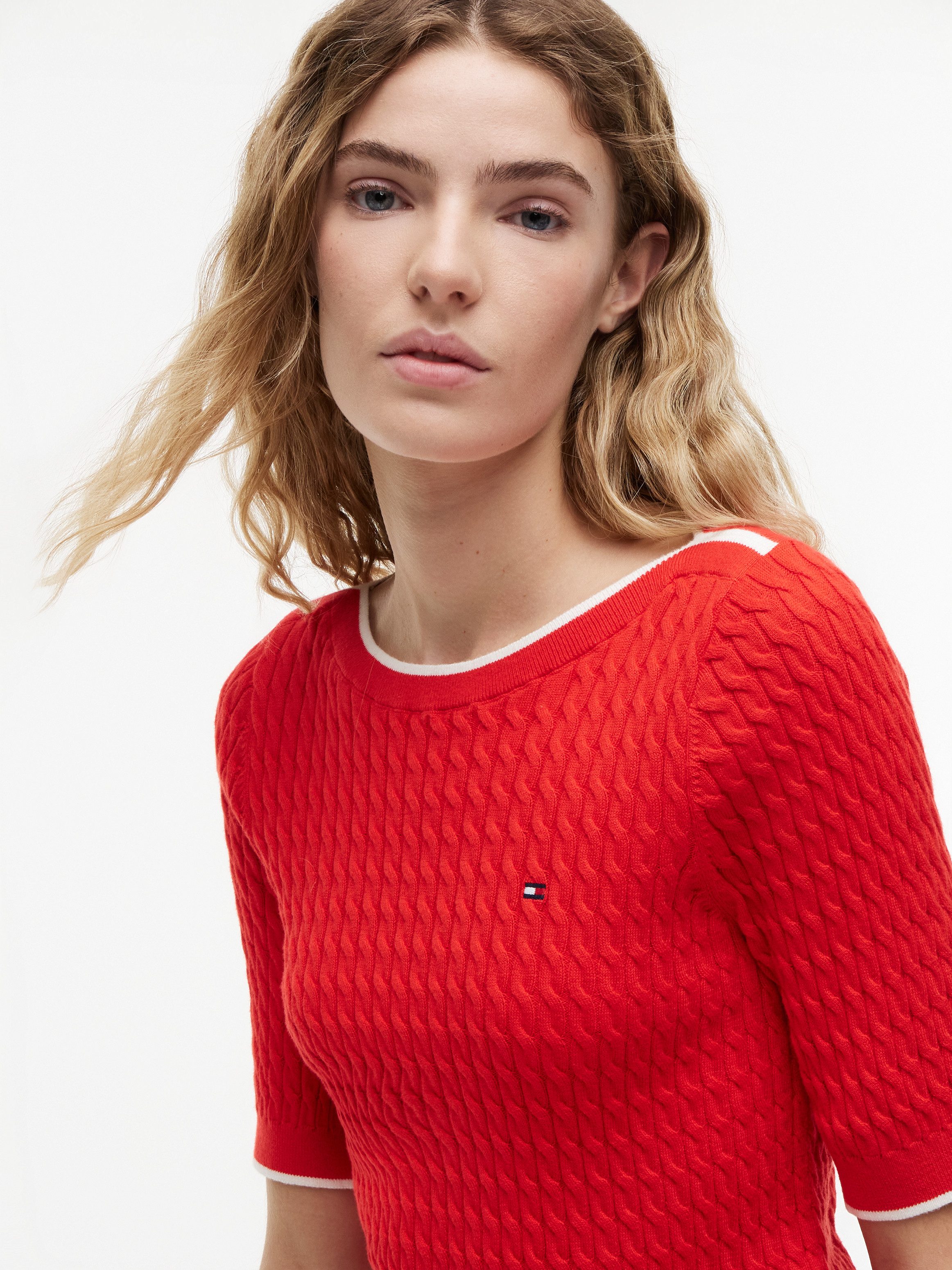 Tommy Hilfiger Kurzarmpullover FINE GG CABLE BOAT NK S/S Baumwolle, mit Zopfstrickmuster