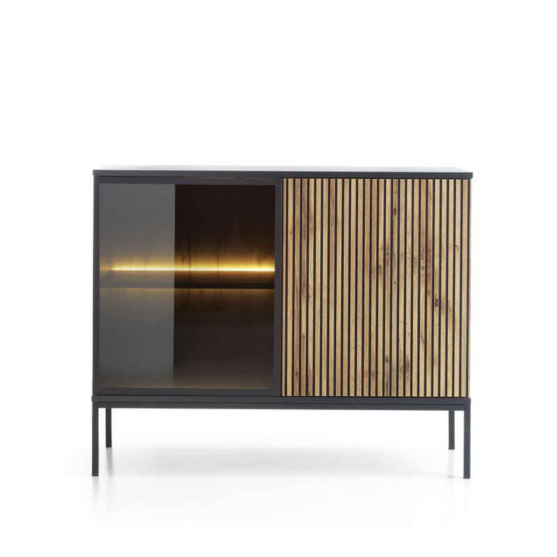 MOEBLO Kommode Sentino S104 LED (Eiche wotan Sideboard Wohnzimmer Kommode Schlafzimmer Komodenschrank Highboard, Kommode mit gefräster Front und LED-Beleuchtung), (HxBxT):83x104x39cm