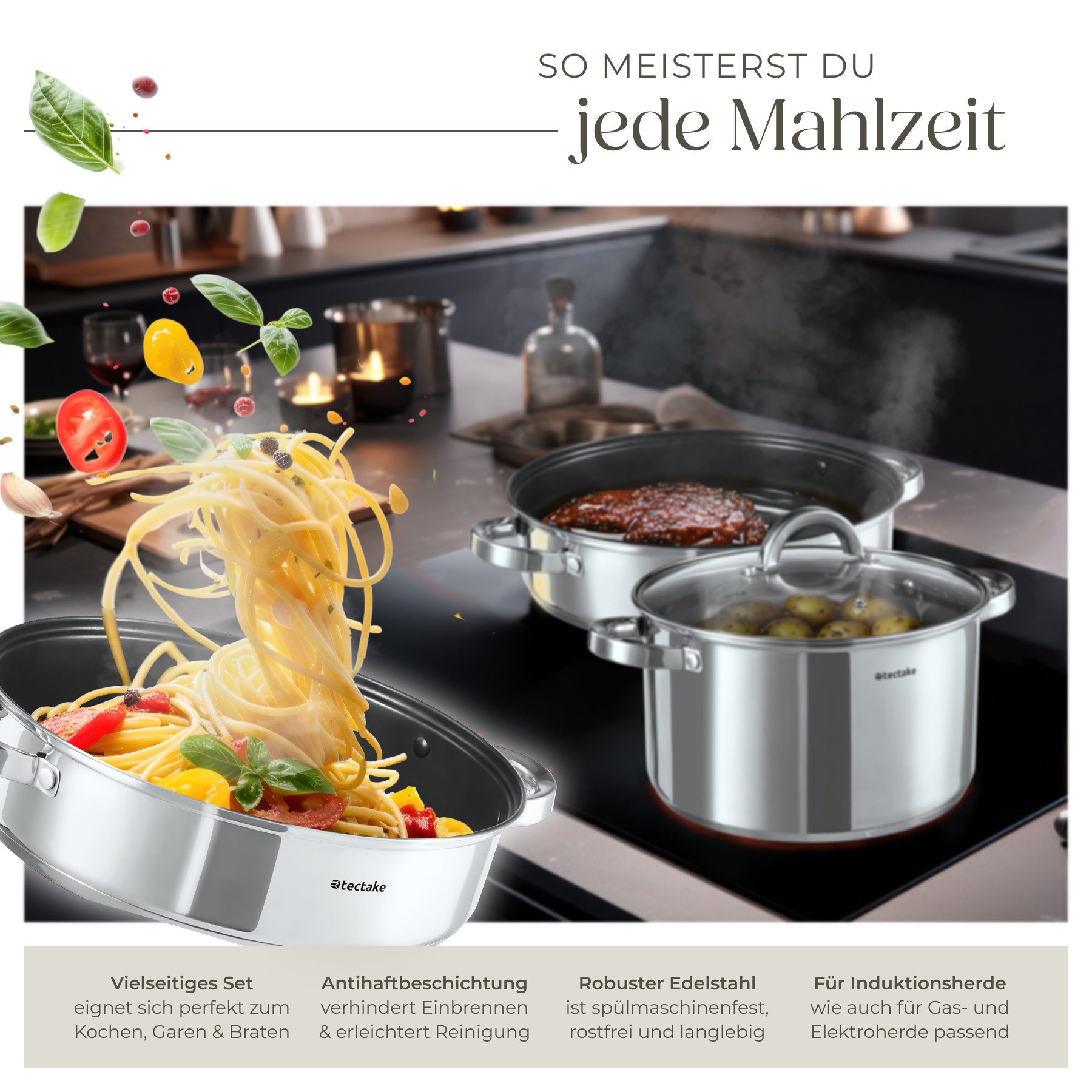 tectake Topf-Set Kochtopfset aus Edelstahl 15-teilig, Messskala in den Töpfen, Edelstahl (Topfset Induktion Turin, 15-tlg., in silber), für Induktion geeignet,  – Bild 5 von 5