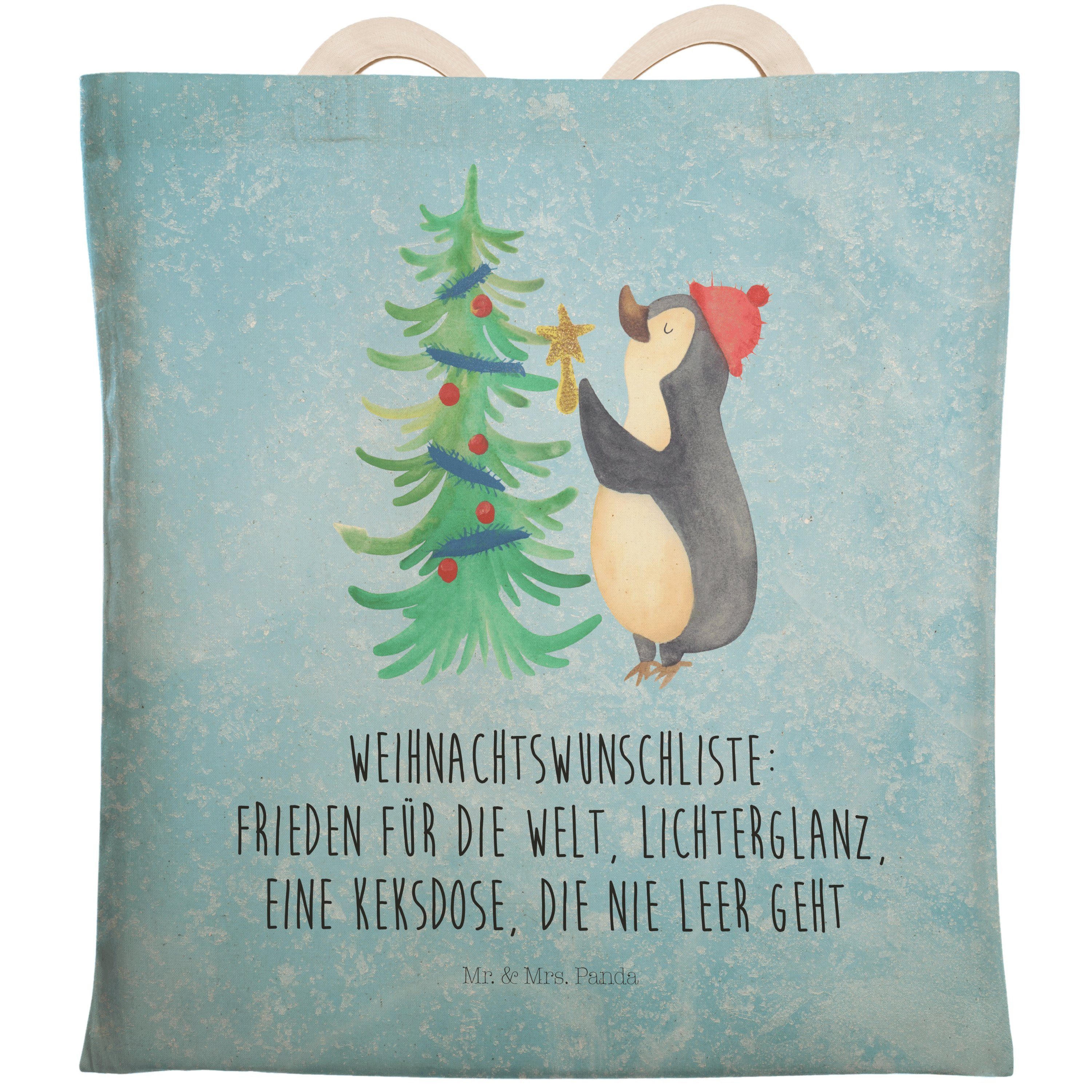 Mr. & Mrs. Panda Tragetasche Pinguin Weihnachtsbaum - Eisblau - Geschenk, Advent, Einkaufstasche, (1-tlg)