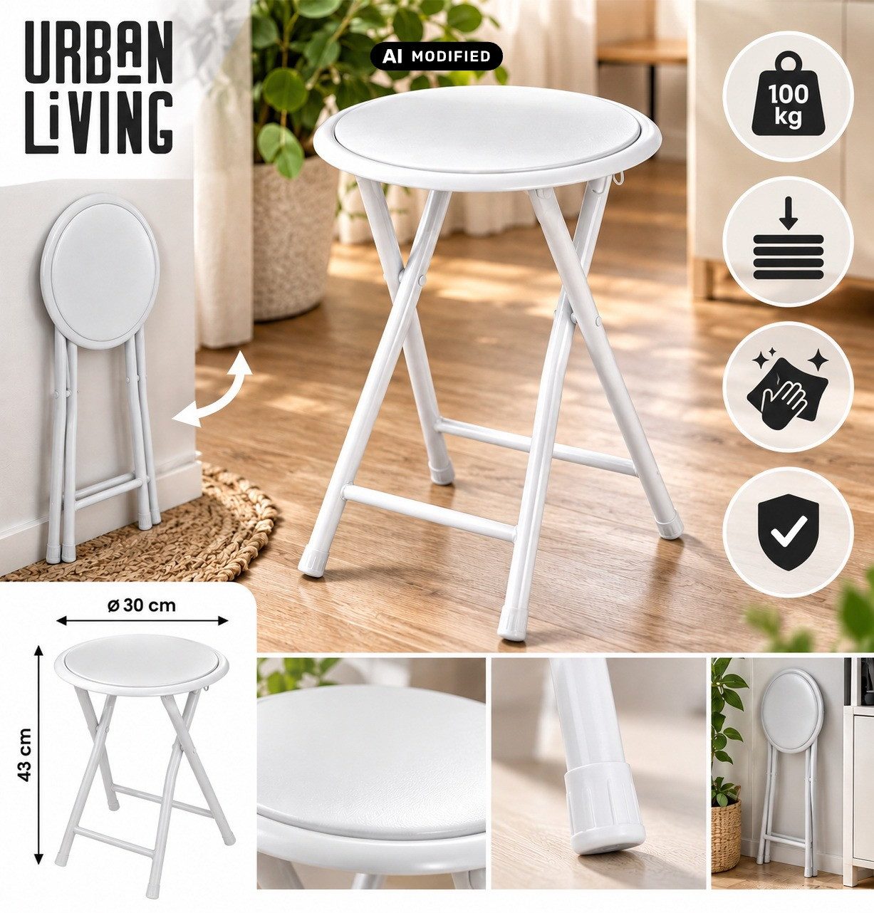 Urban Living Hocker Klapphocker Hocker Klappstuhl Rundhocker Küchenhocker (klappbare Sitzgelegenheit im Sicherungssplint) – Bild 2 von 5