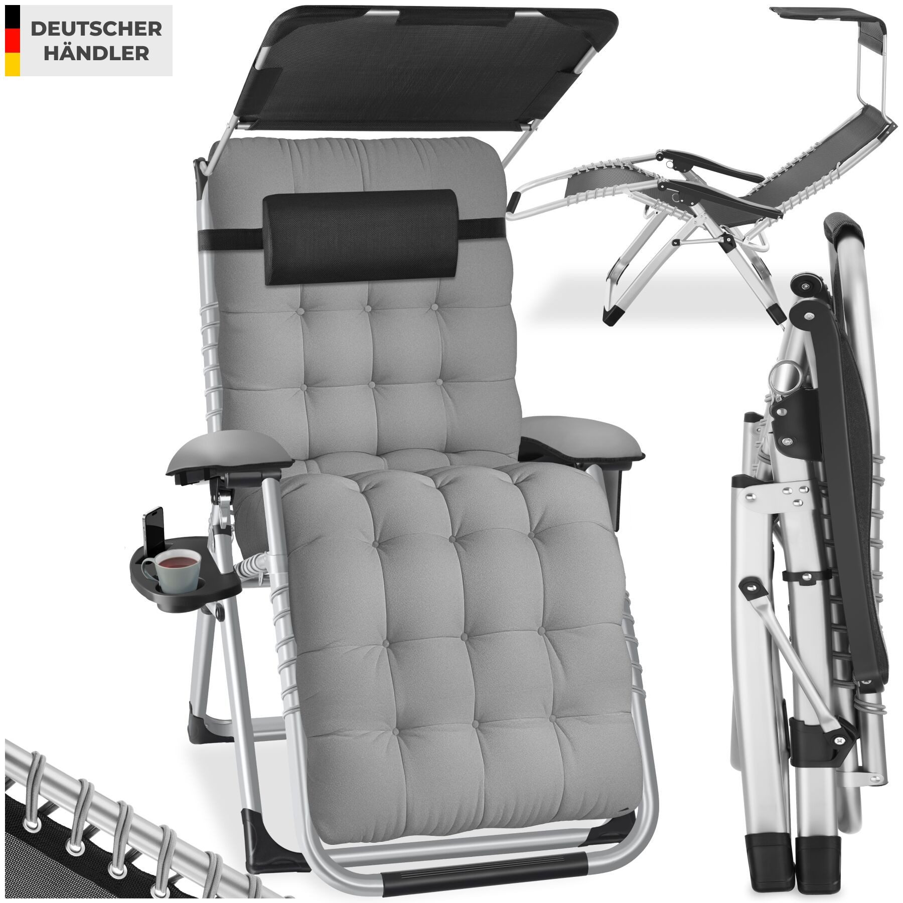 tectake Gartenstuhl Sonnenliege, klappbar, rutschfest, inkl. Ablagetisch und Stautasche (Terrassenstuhl Cloud II für Außen in Hellgrau, 1 St), Belastbarkeit 200 kg, Sitz-, Arm- und Kopfpolster, mit Sonnendach