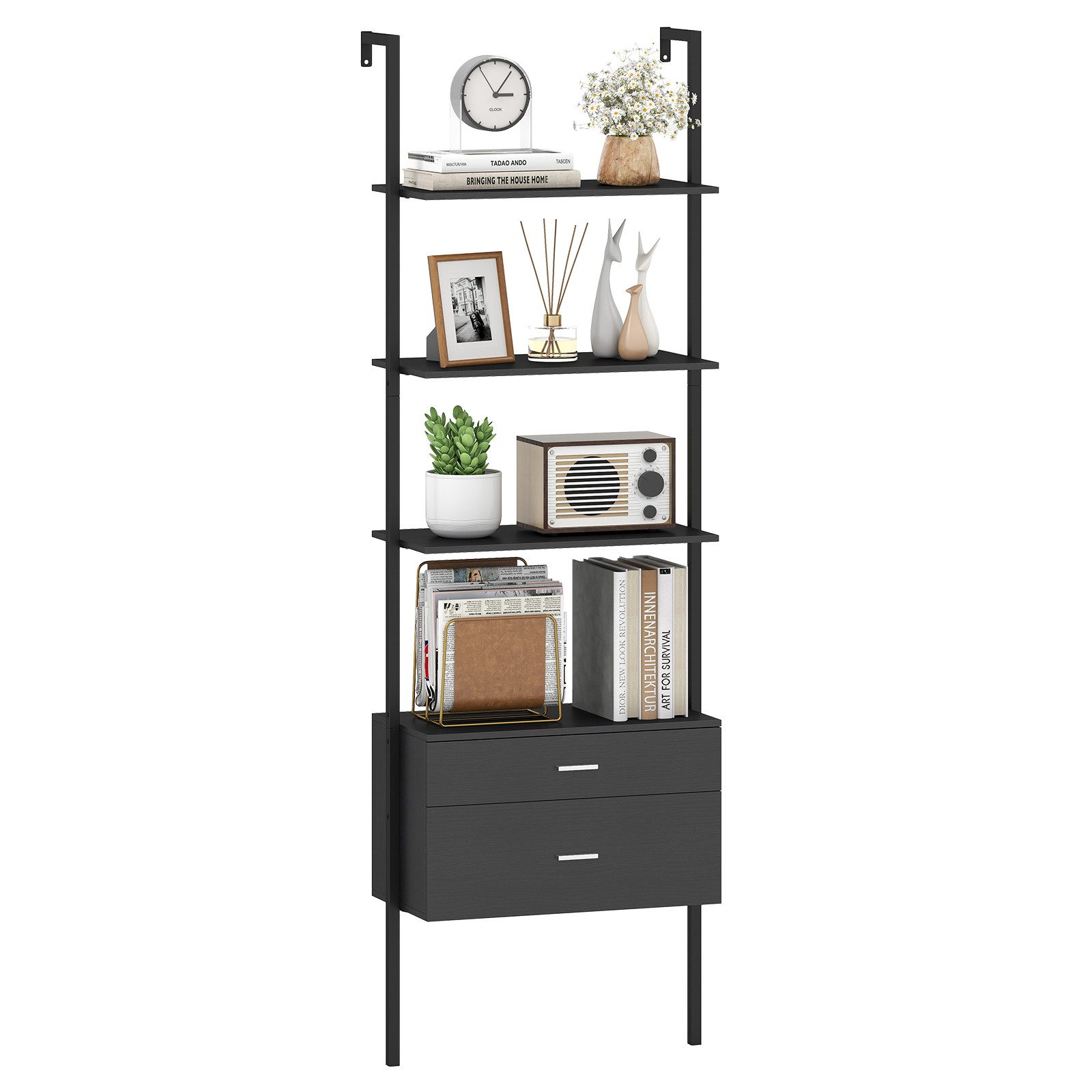 COSTWAY Bücherregal, Leiterregal mit 2 Schubladen, Wandmontage, Metallrahme günstig online kaufen