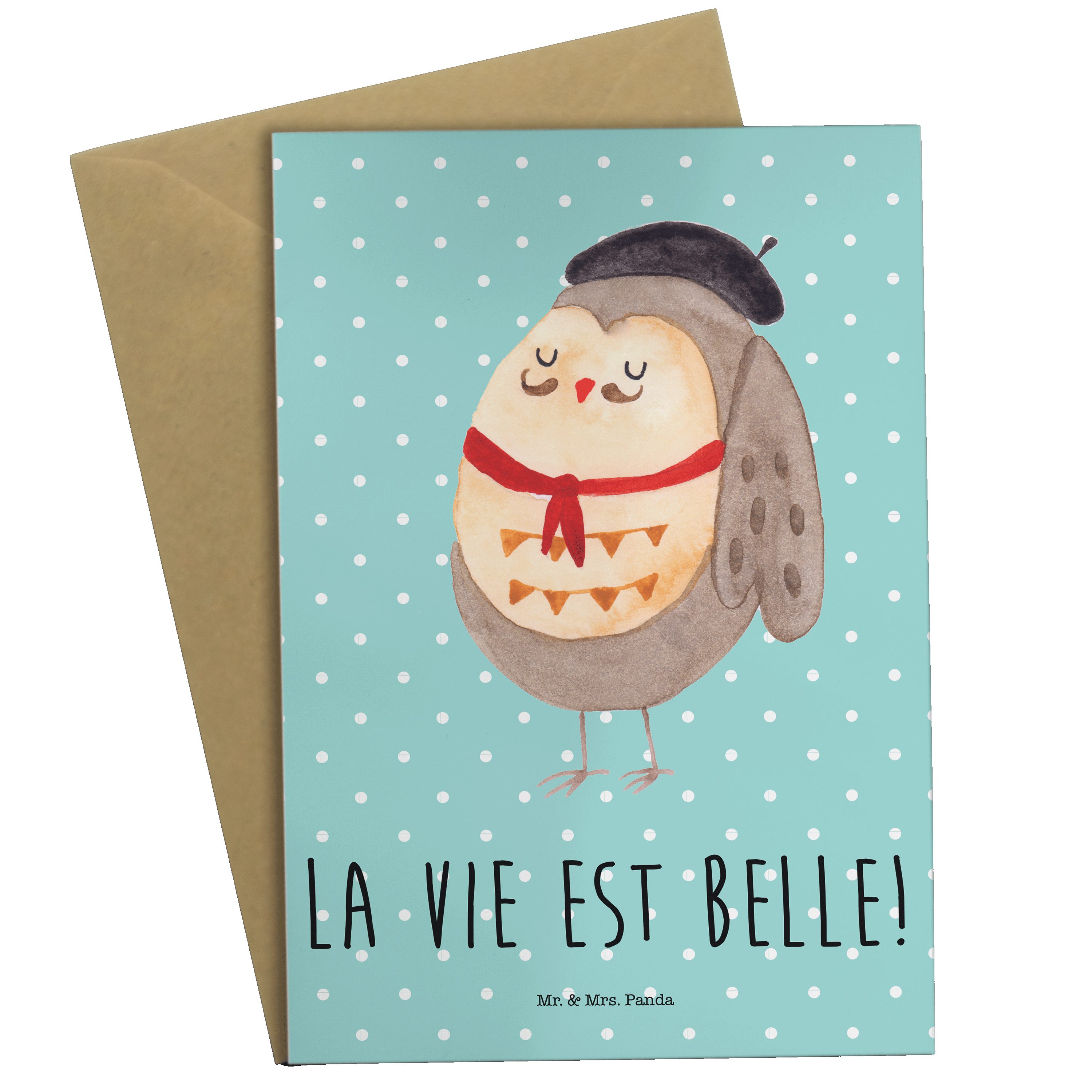 Mr. & Mrs. Panda Grußkarte Eule Französisch - Türkis Pastell - Geschenk, béret, Hochzeitskarte