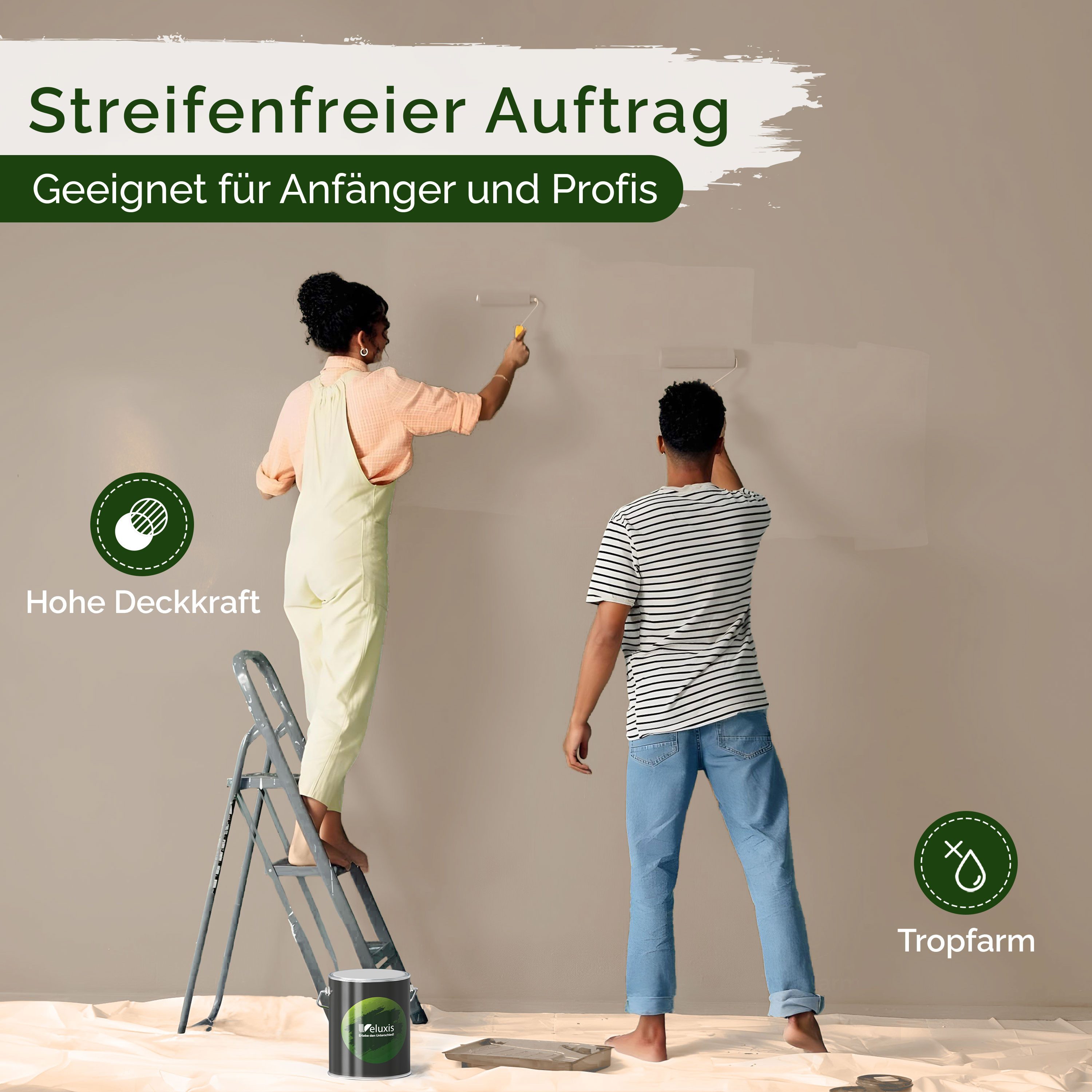 Veluxis Wandfarbe Veluxis® Edle Wandfarbe, für den Innenraum - Deckkraft-Klasse 1, Streifenfrei & tropfarm
