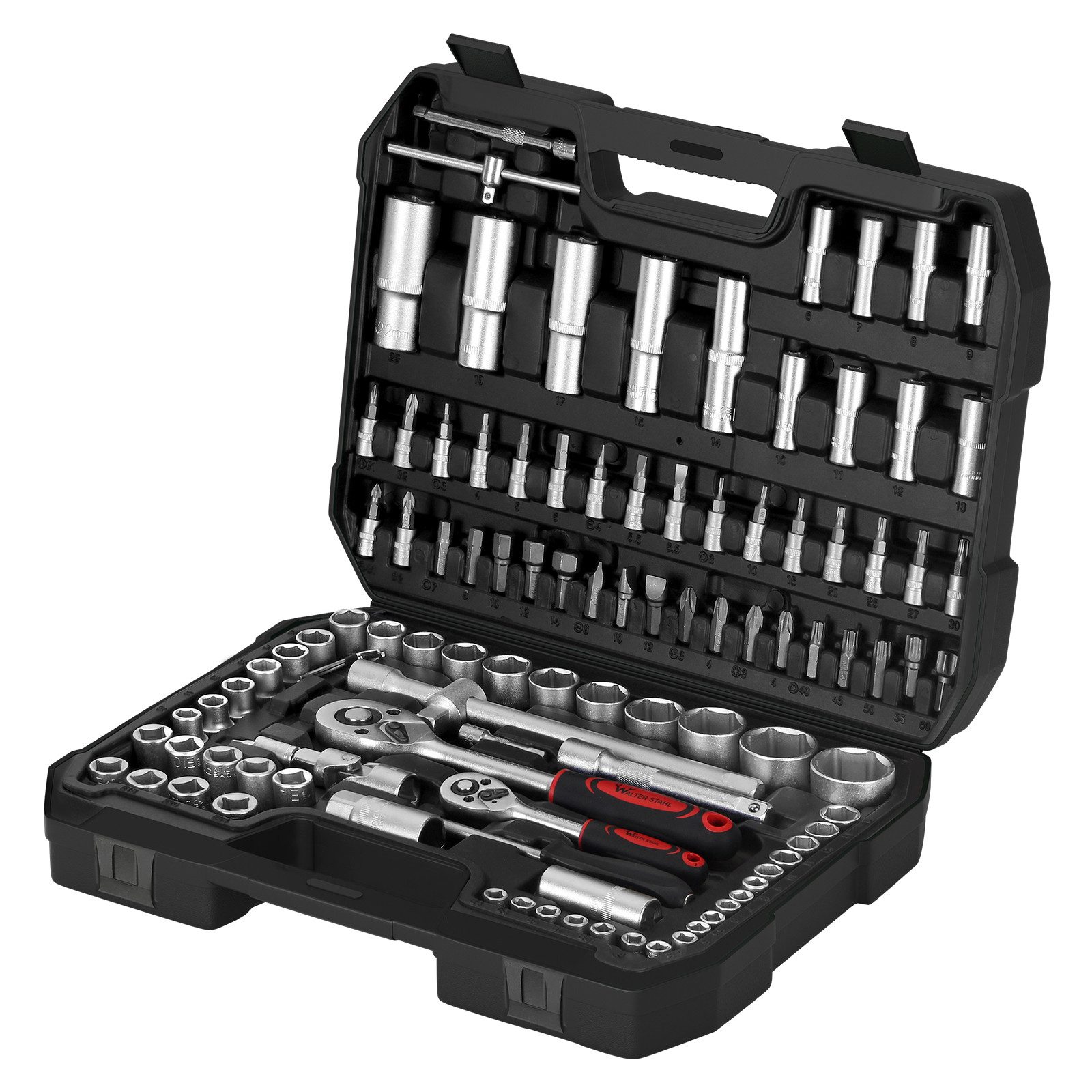 Walter Stahl Germany control Steckschlüssel Steckschlüsselsatz 108/172-tlg Ratschenkasten 1/4"+1/2"+3/8"Nusskasten (108 St), Mit Ratschen, Steckschlüssel und Bitsatz,Steckdosen,Werkzeugkoffer