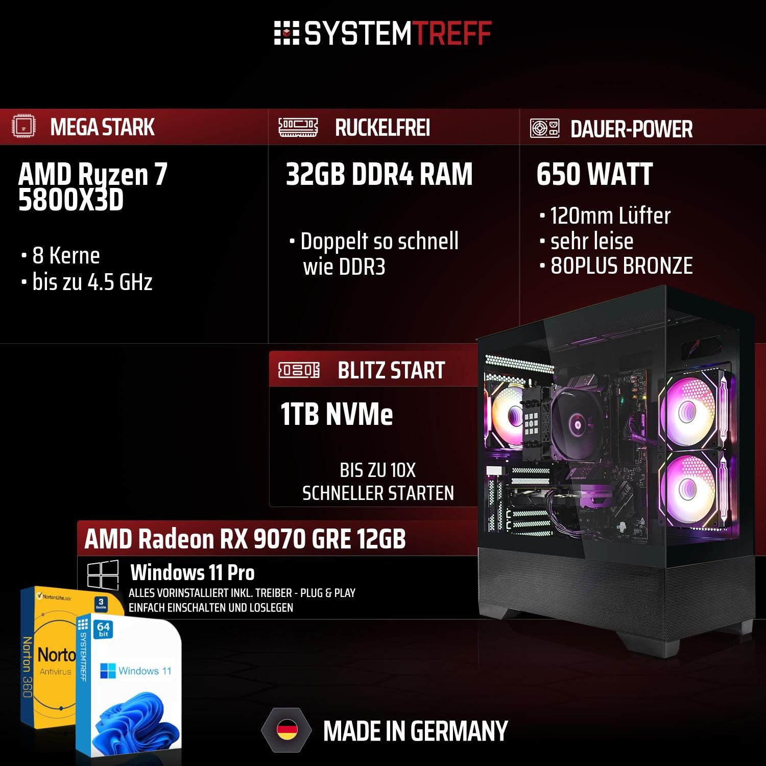 SYSTEMTREFF AMD Ryzen 7 5800X3D mit AMD Radeon RX 9070 GRE 12GB Gaming-PC (AMD 5800X3D 5800X3D, Radeon RX 9070 GRE, 32 GB RAM, 1000 GB SSD, Luftkühlung)
