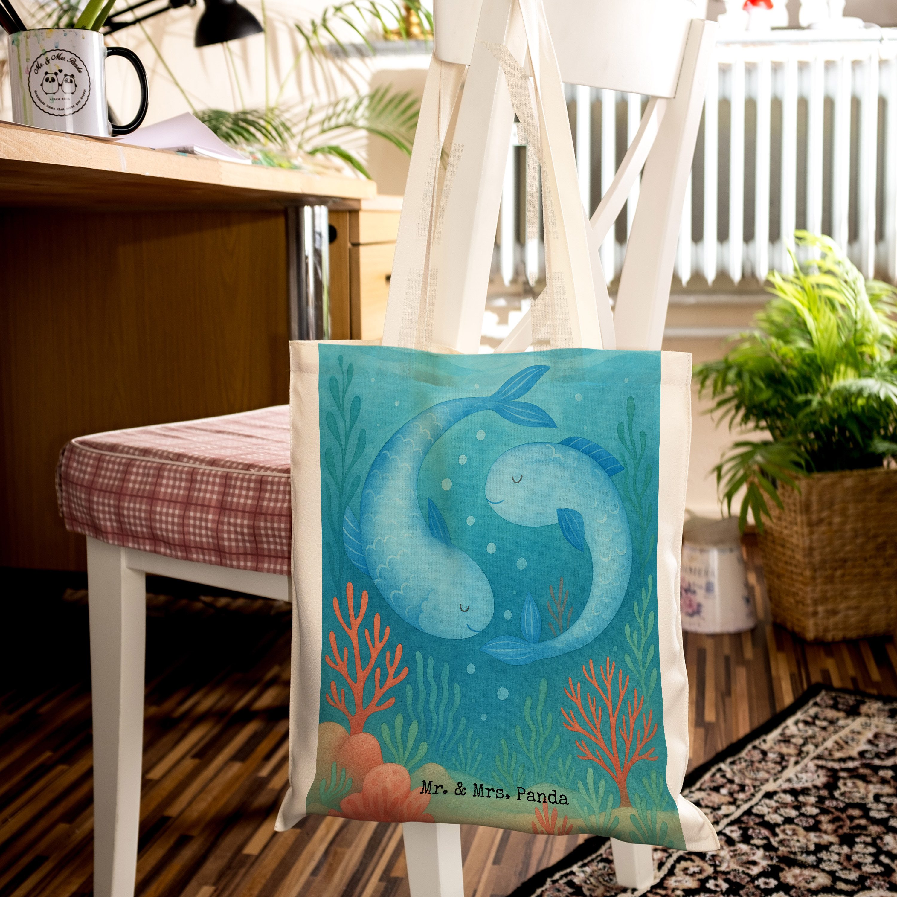 Mr. & Mrs. Panda Tragetasche Sternzeichen Fische Design, Jutebeutel, Weiß, Einkaufstüte, Tasche, F (Packung), tragbeutel canvas tasche schulterbeutel