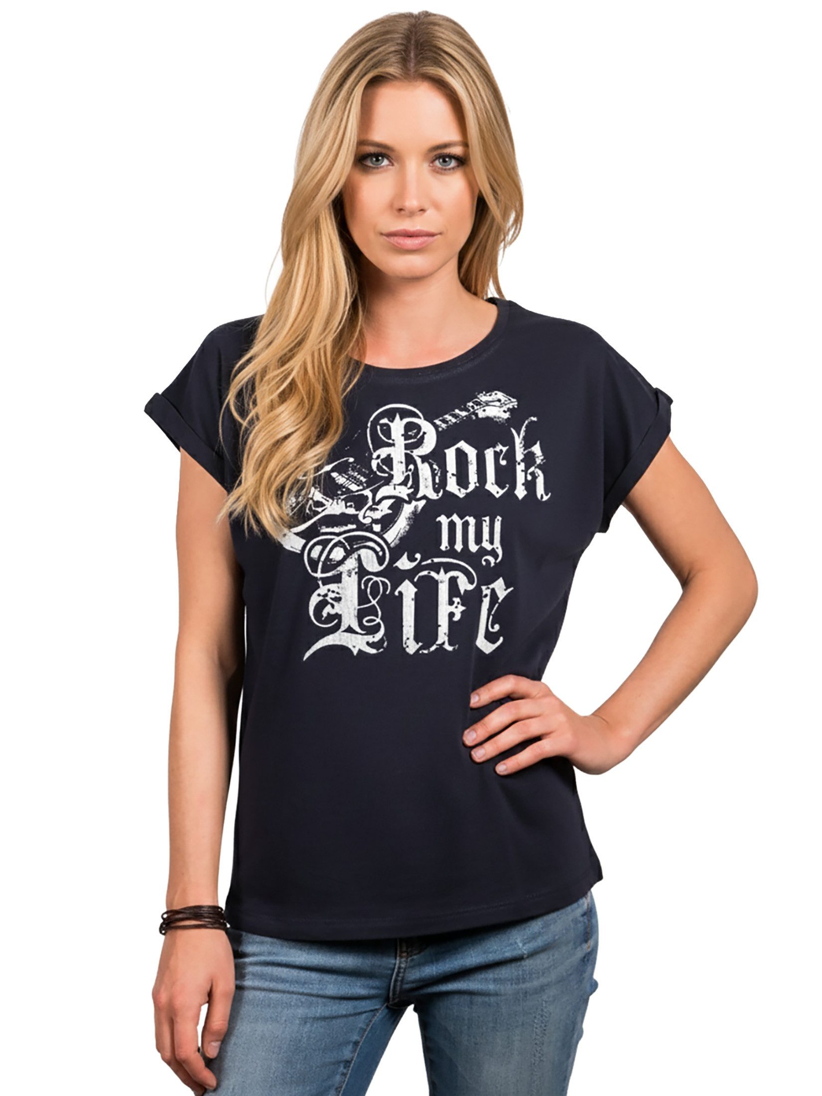 MAKAYA Print-Shirt Ausgefallene T-Shirts Damen lässige Oberteile Top Gitarrenmotiv Tunika (Rock Band Motiv, schwarz, grau, rosa, blau) große Größen