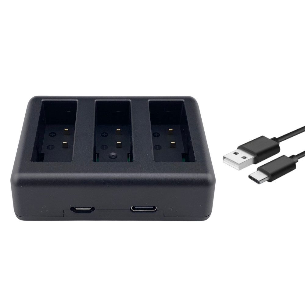 Trade-Shop 3-fach Ladestation passend für GoPro HERO13 Black, AHDBT-1301 Kamera-Ladegerät (mit Micro-USB und USB-C Anschluss)