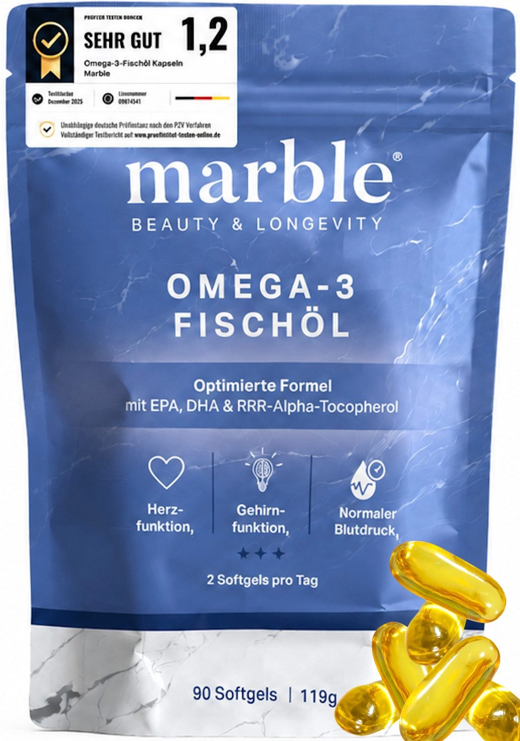 Marble marble® Omega-3 Fischöl mit EPA & DHA 90 Stück Softgel-Kapseln, 119 g