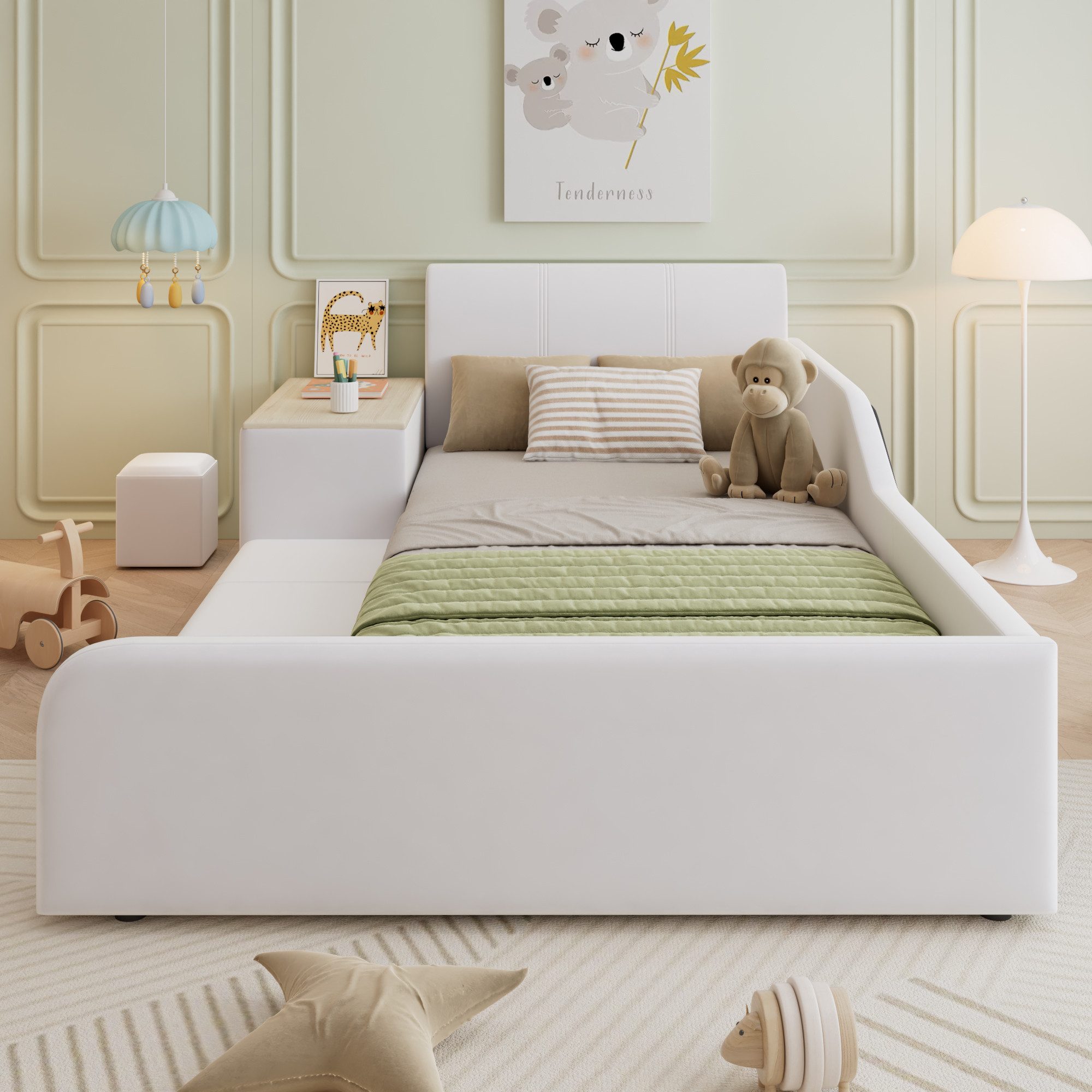 REDOM Polsterbett Kinderbett mit Schreibtisch und Hocker (90x200 cm Samt, Weiches Kopfteil, Robuste Holzlatten, Inklusive Ablageboden, Ideal für Schlafzimmer & Jugendzimmer), ohne Matratze
