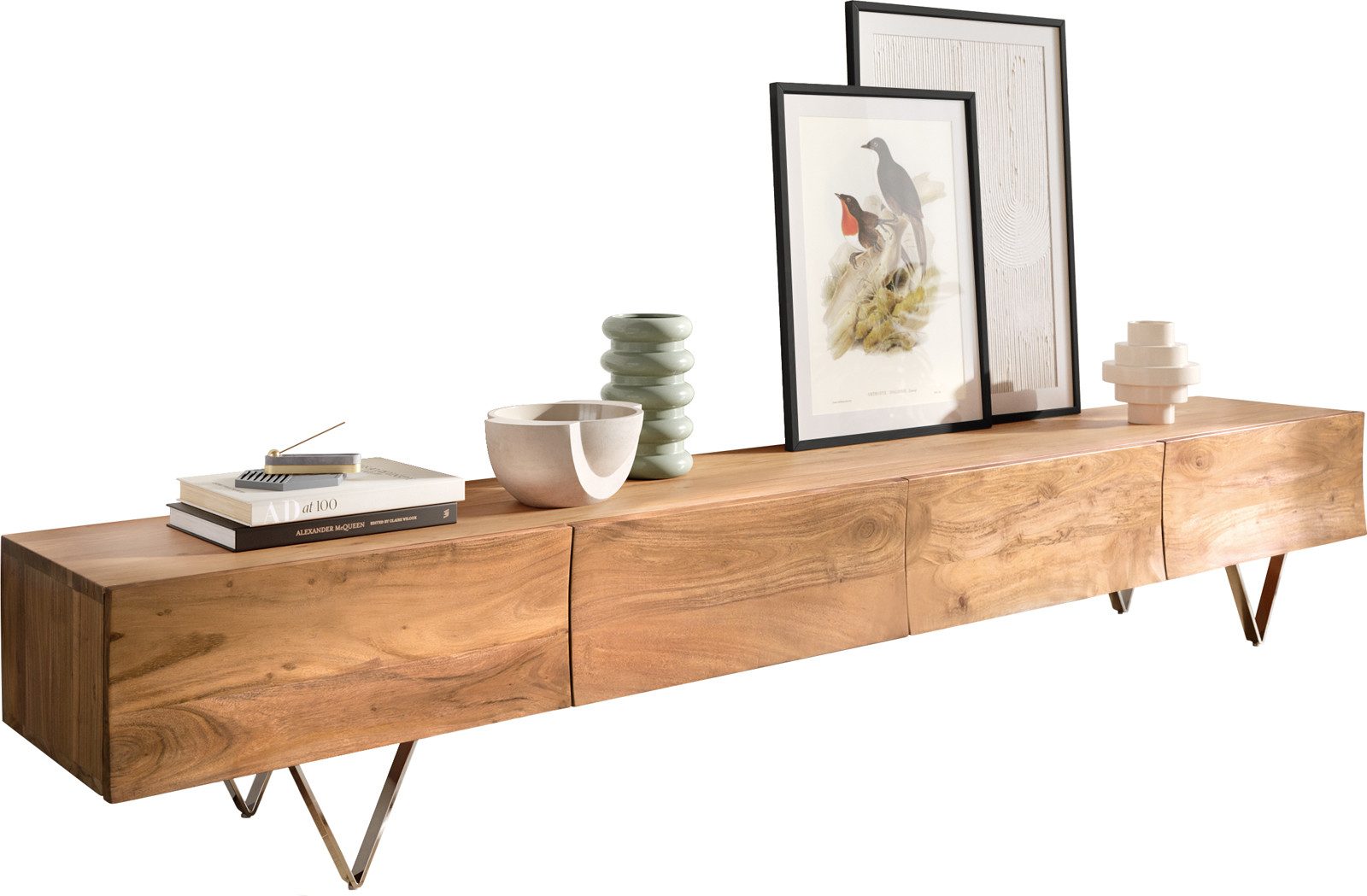 DELIFE Lowboard Wyatt, Akazie Natur 220 cm 4 Schübe V-Fuß Edelstahl günstig online kaufen