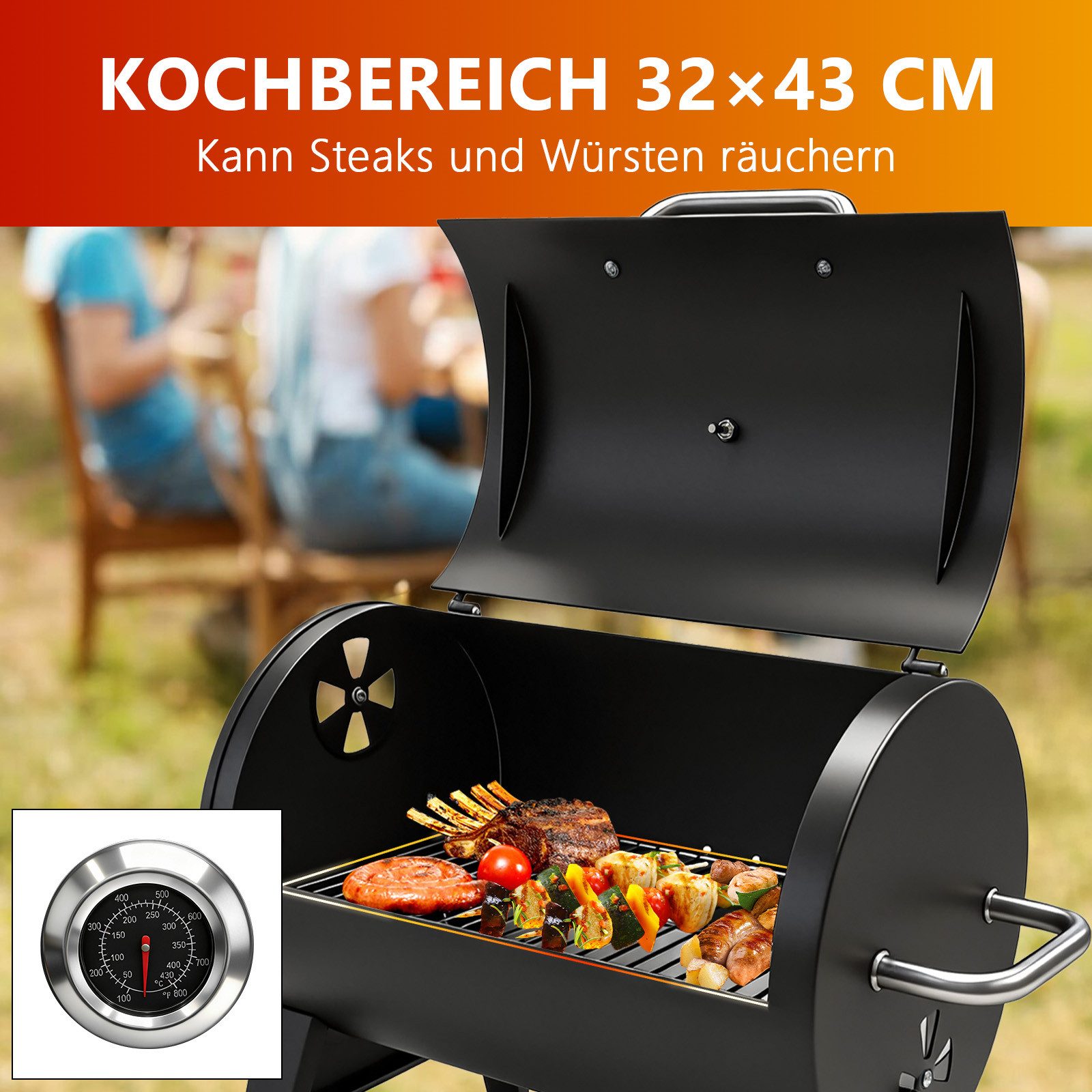 SunJas Holzkohlegrill K-4930 mit Thermometer und deckel,Smoker Räucherofen, Campinggrill Kohle BBQ Grills, Grillrost 43x32 cm, Geeignet für 3–5 Personen