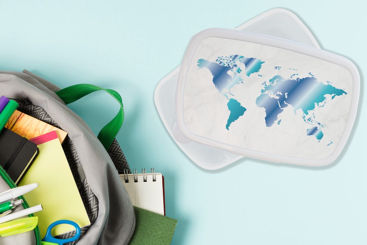 (2-tlg), weiß Weltkarte Brotdose, - Lunchbox Marmor, Kinder Erwachsene, für für Jungs und Mädchen - MuchoWow Blau und Brotbox Kunststoff,